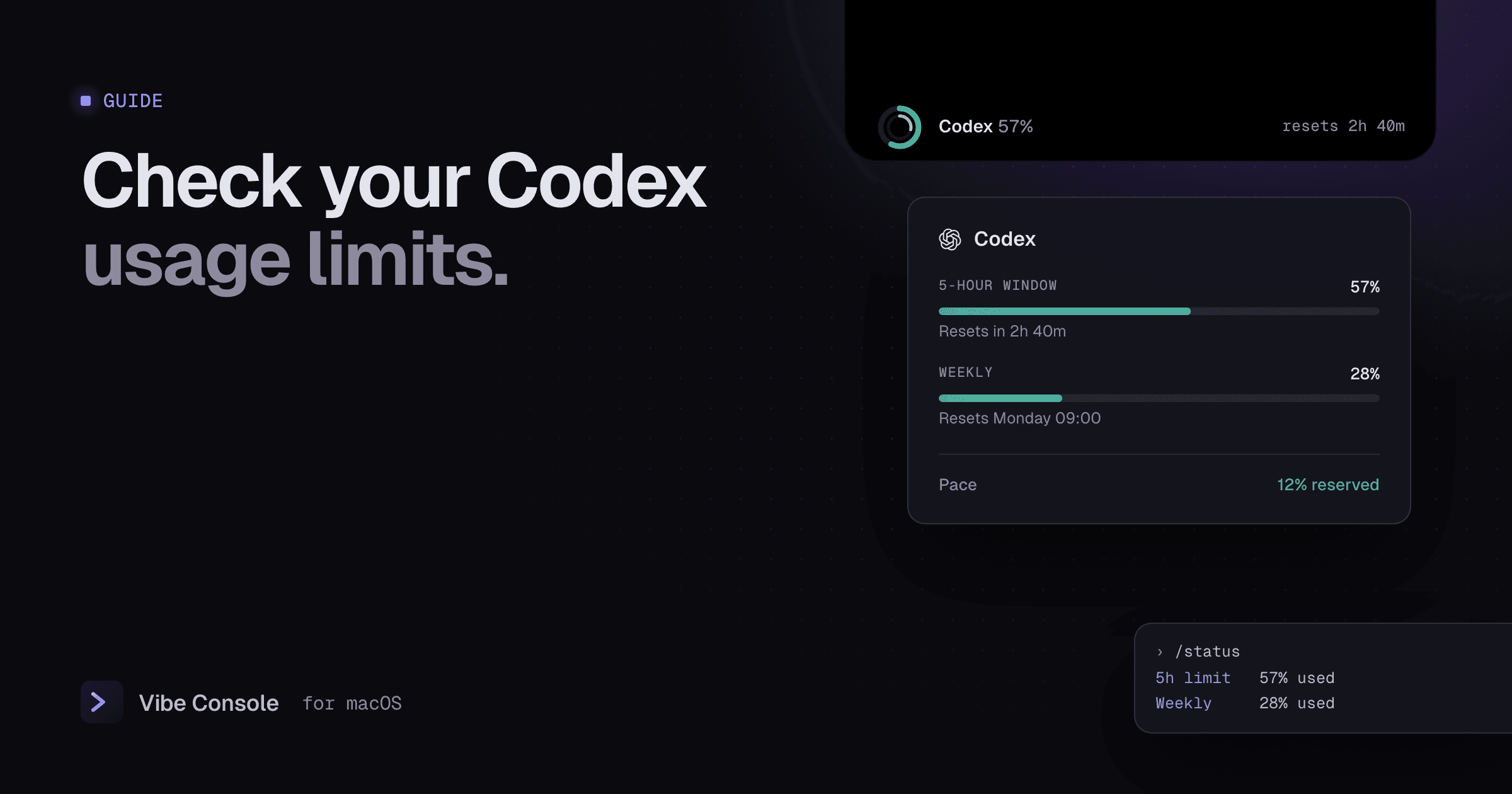 Codex usage ring in the MacBook notch at 57% with a card showing the 5-hour window, the weekly limit and pace, and the /status command