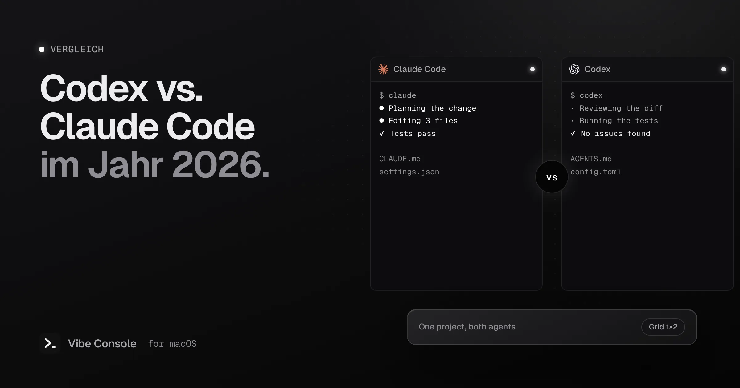 Terminals von Claude Code und Codex nebeneinander mit vs-Badge, das eine mit CLAUDE.md und settings.json, das andere mit AGENTS.md und config.toml