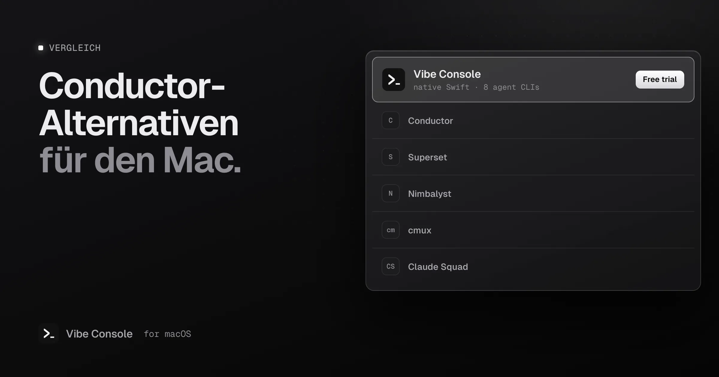 Liste der Conductor-Alternativen für den Mac: Vibe Console hervorgehoben mit Badge für die kostenlose Testphase, danach Conductor, Superset, Nimbalyst, cmux und Claude Squad
