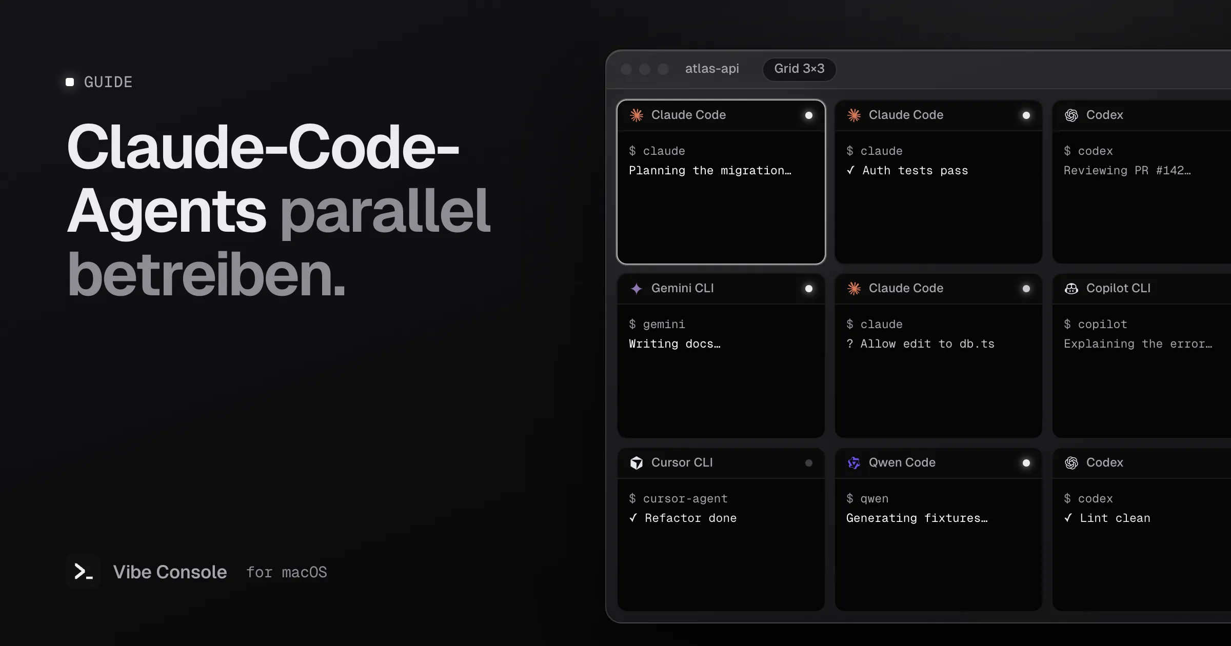 Ein 3×3-Terminalraster, in dem Claude Code, Codex, Gemini CLI, Copilot CLI, Cursor CLI und Qwen Code nebeneinander laufen