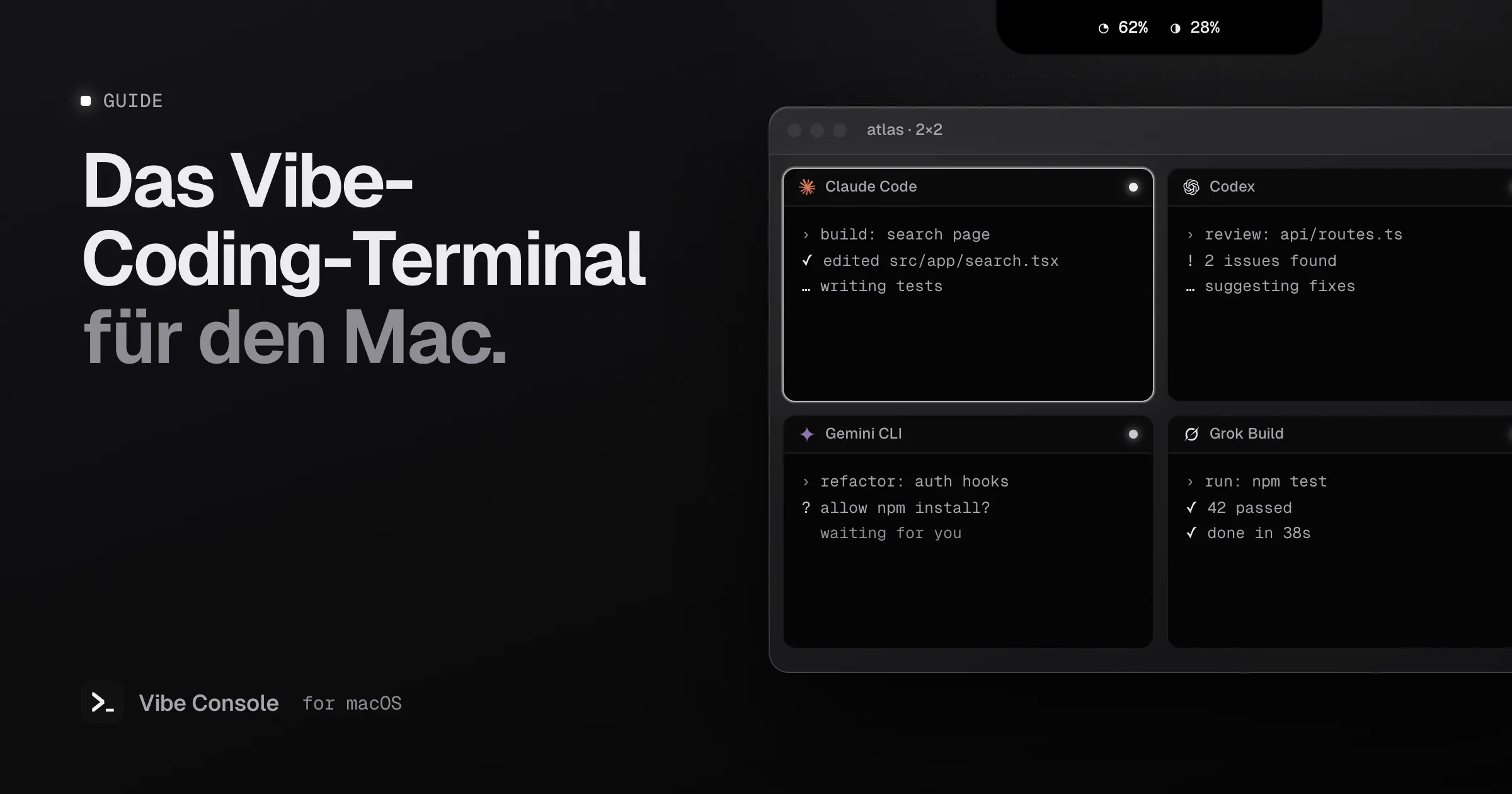 Ein Terminalraster auf dem Mac, in dem Claude Code, Codex, Gemini CLI und Grok Build nebeneinander laufen, mit Nutzungsringen in der Notch