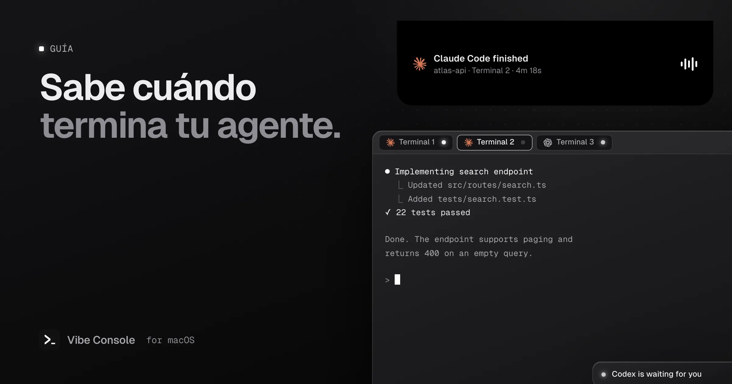 Muesca del MacBook con el aviso «Claude Code finished» del Terminal 2, sobre pestañas de terminal con puntos de estado en ejecución, inactivo y en espera