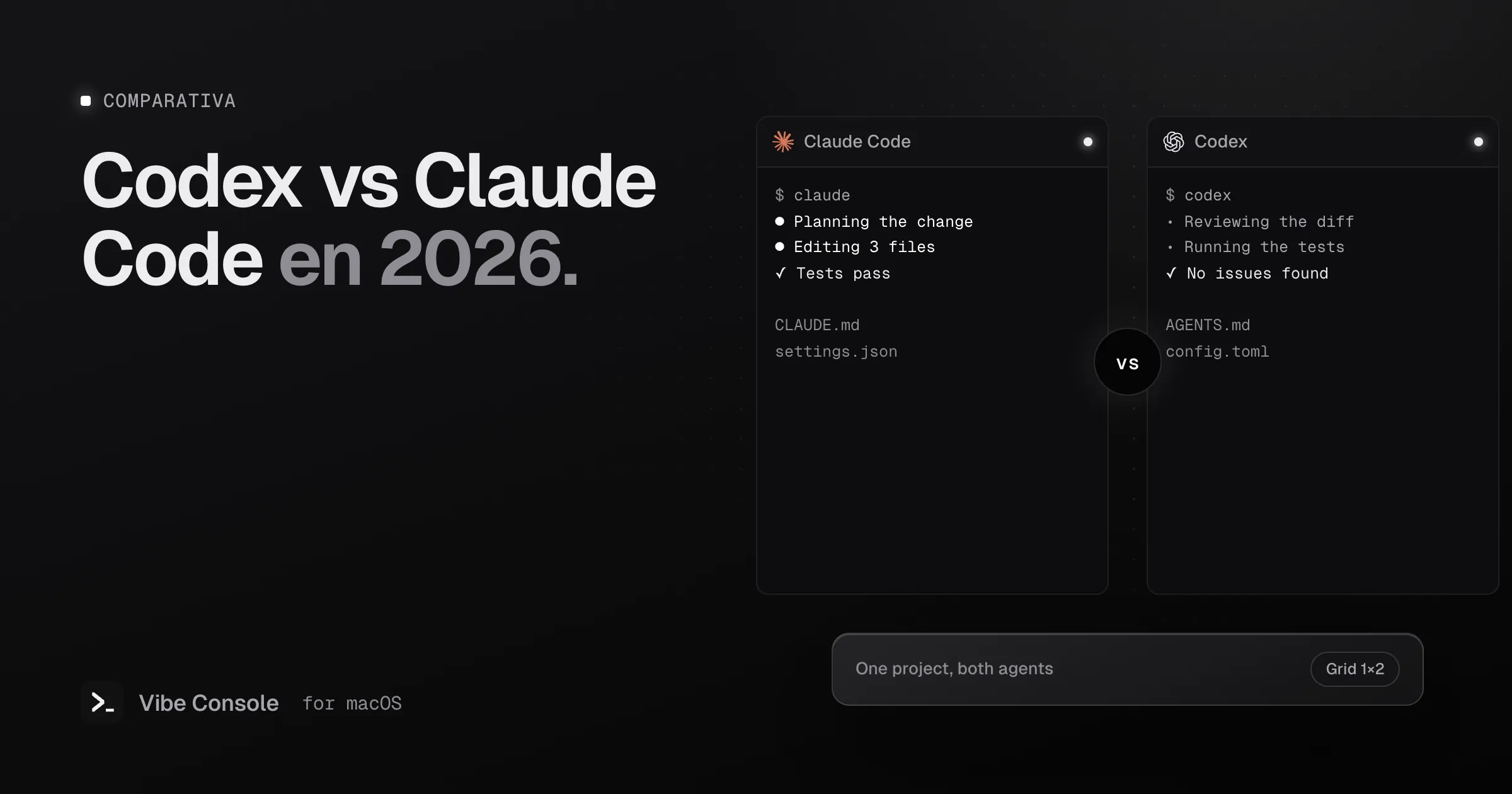 Terminales de Claude Code y Codex lado a lado con una insignia vs: una usa CLAUDE.md y settings.json, la otra AGENTS.md y config.toml