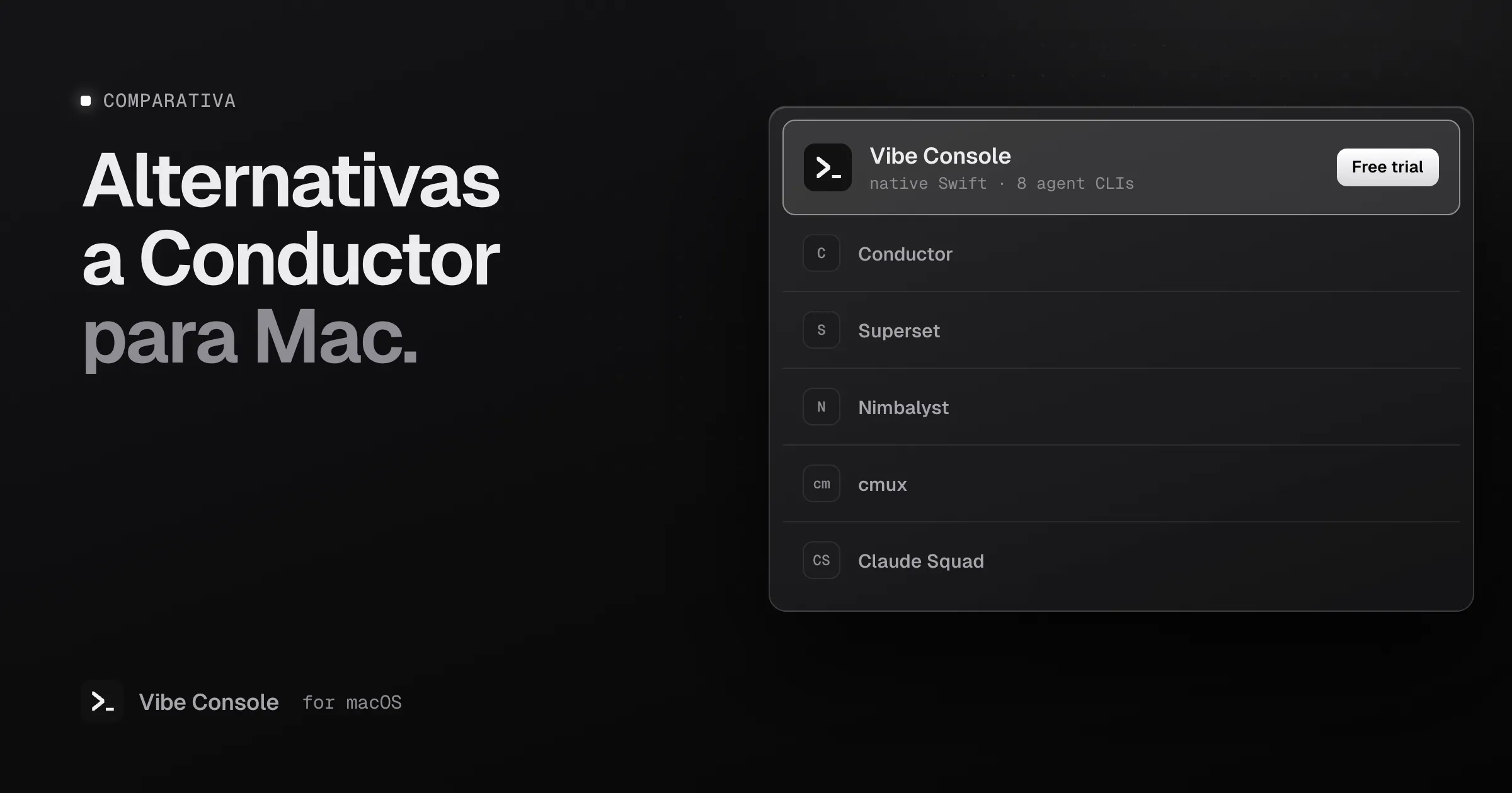 Lista de alternativas a Conductor para Mac con Vibe Console destacado con una etiqueta de prueba gratuita, seguido de Conductor, Superset, Nimbalyst, cmux y Claude Squad