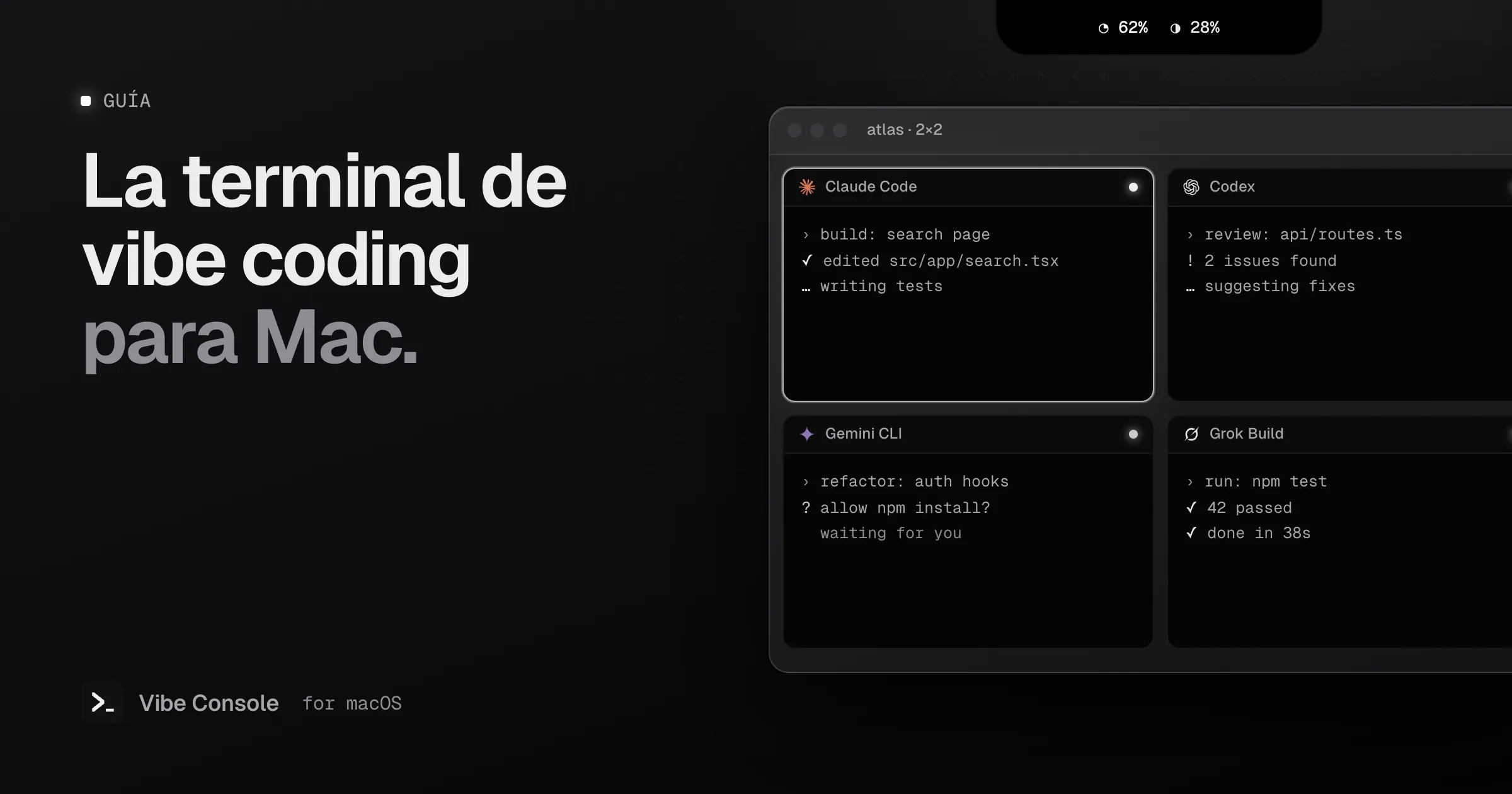 Una cuadrícula de terminales en un Mac con Claude Code, Codex, Gemini CLI y Grok Build uno al lado de otro, y anillos de uso en la muesca