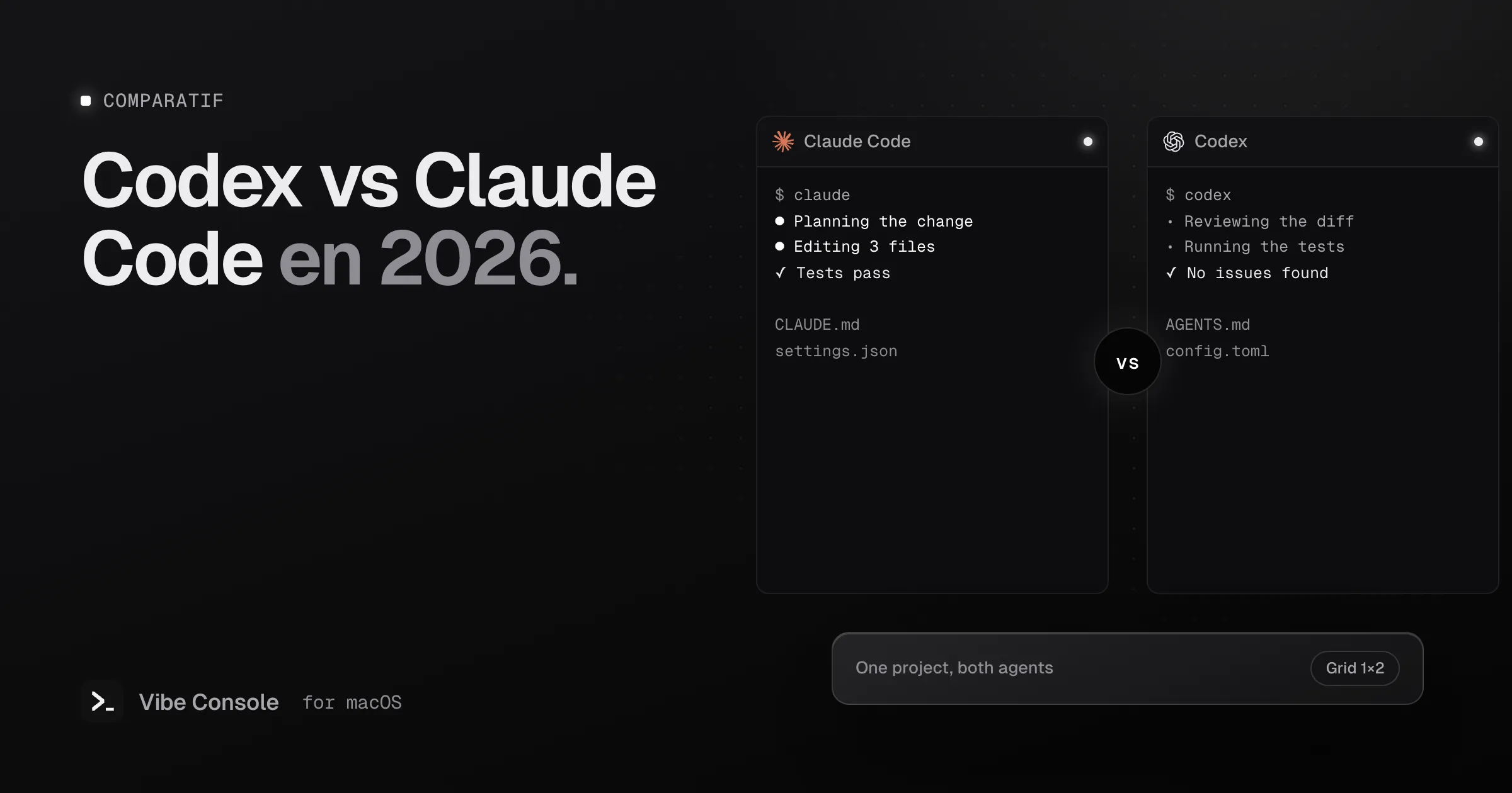 Terminaux Claude Code et Codex côte à côte avec un badge « vs », l’un avec CLAUDE.md et settings.json, l’autre avec AGENTS.md et config.toml