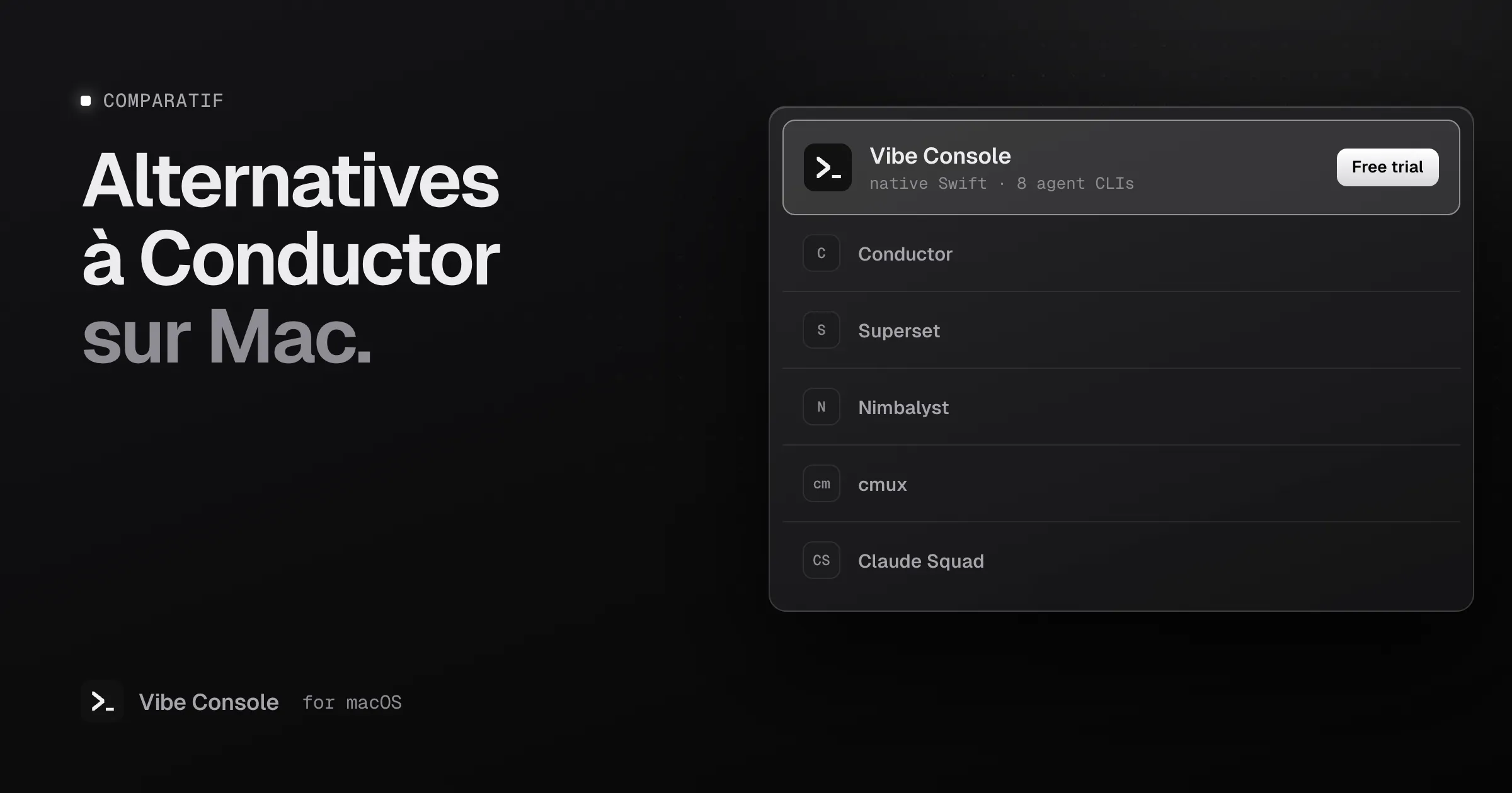 Liste d’alternatives à Conductor pour Mac, avec Vibe Console mis en avant par un badge d’essai gratuit, suivi de Conductor, Superset, Nimbalyst, cmux et Claude Squad