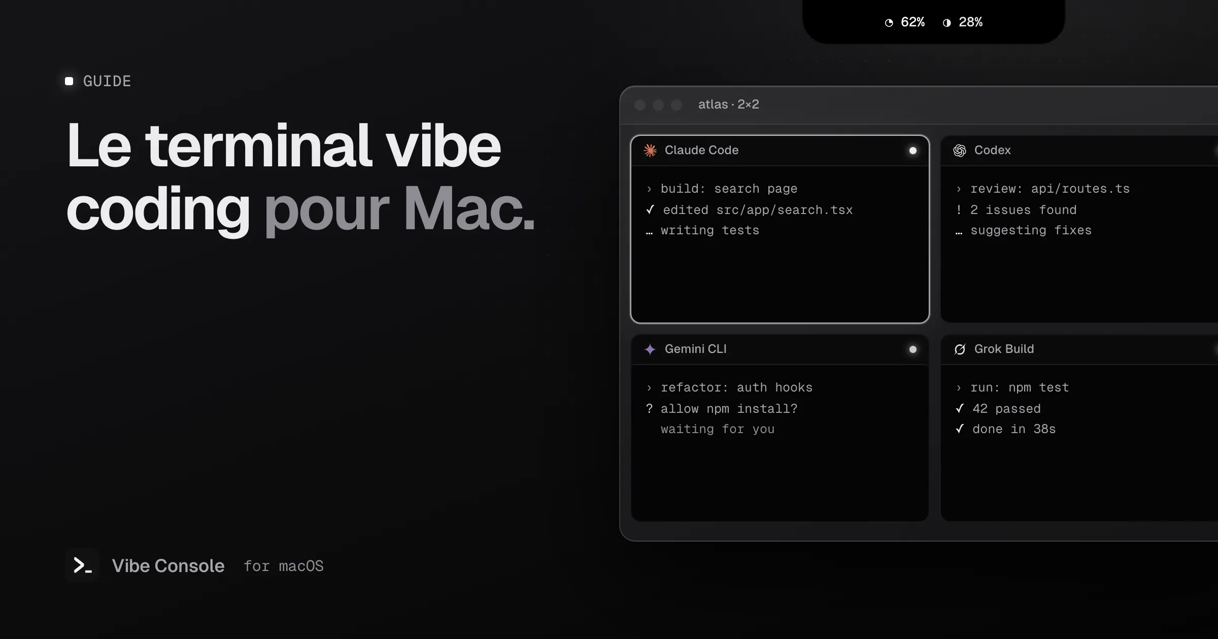 Une grille de terminaux sur Mac où tournent côte à côte Claude Code, Codex, Gemini CLI et Grok Build, avec des anneaux d’utilisation dans l’encoche