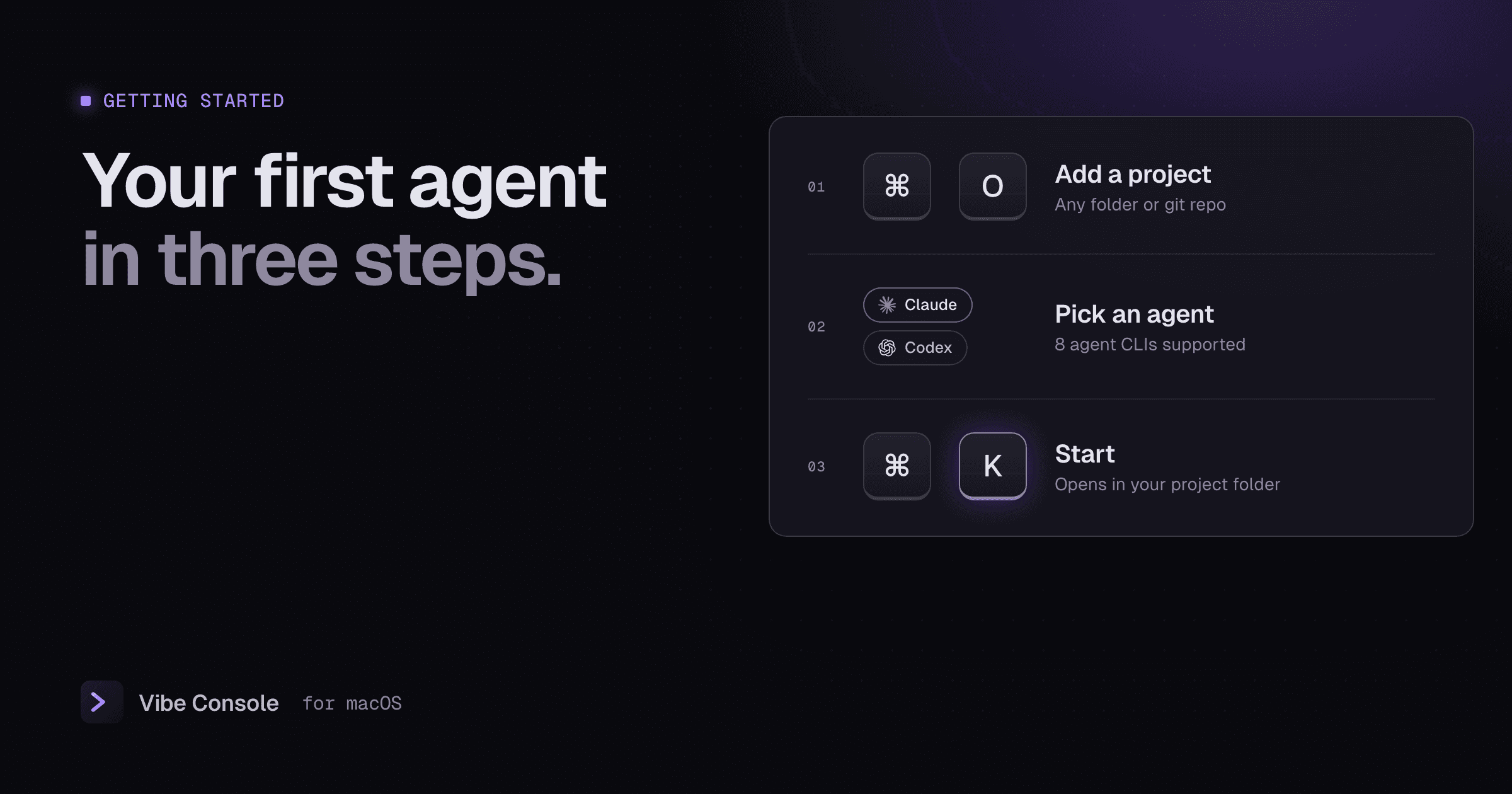 Three steps to start: press Command-O to add a project, pick an agent such as Claude or Codex, press Command-K to start