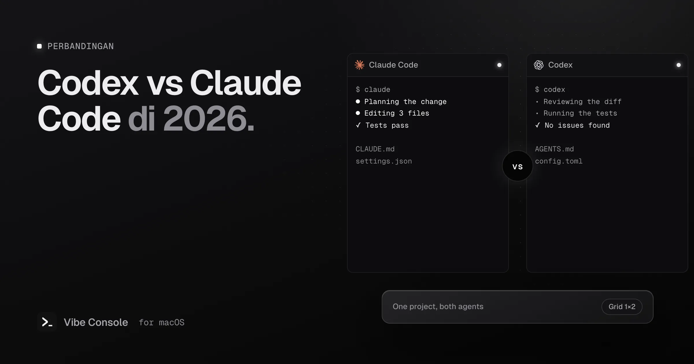 Terminal Claude Code dan Codex berdampingan dengan lencana vs, satu memakai CLAUDE.md dan settings.json, yang lain AGENTS.md dan config.toml