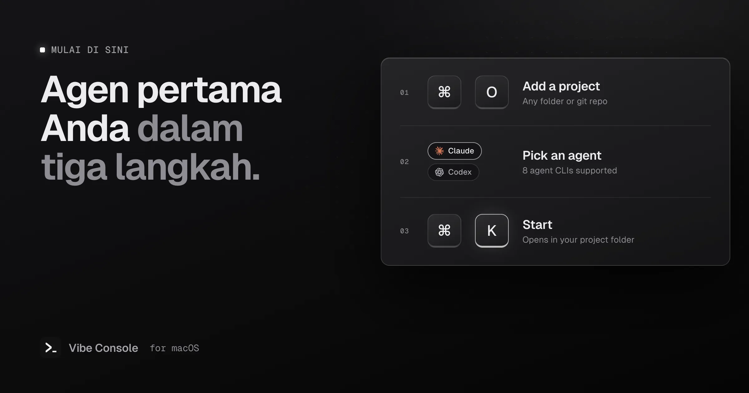 Tiga langkah untuk mulai: tekan Command-O untuk menambah proyek, pilih agen seperti Claude atau Codex, tekan Command-K untuk mulai