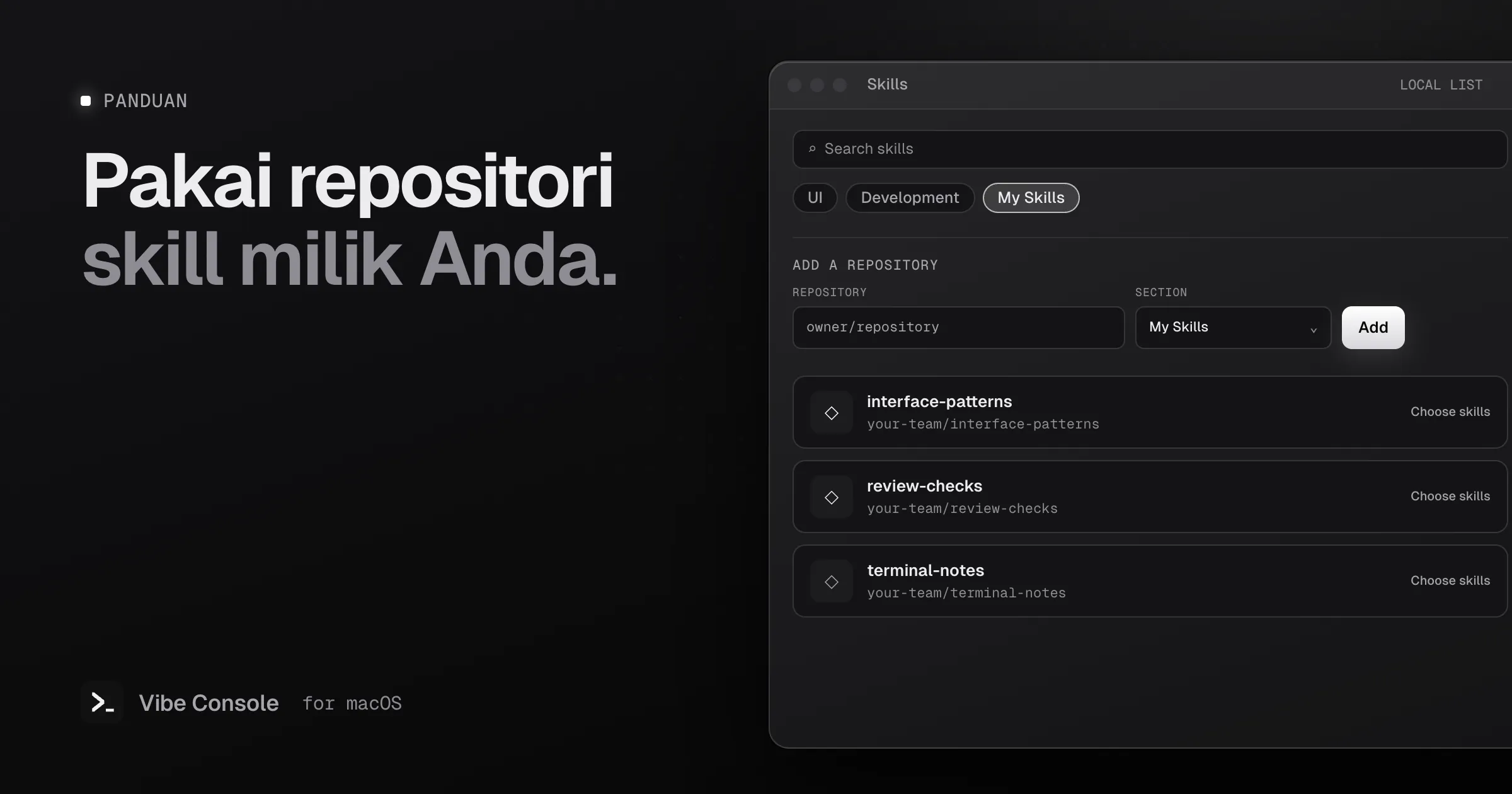 Ilustrasi panel Skill di Vibe Console dengan kolom repositori, pemilih bagian Skill Saya, dan tiga contoh repositori yang tersimpan di Mac