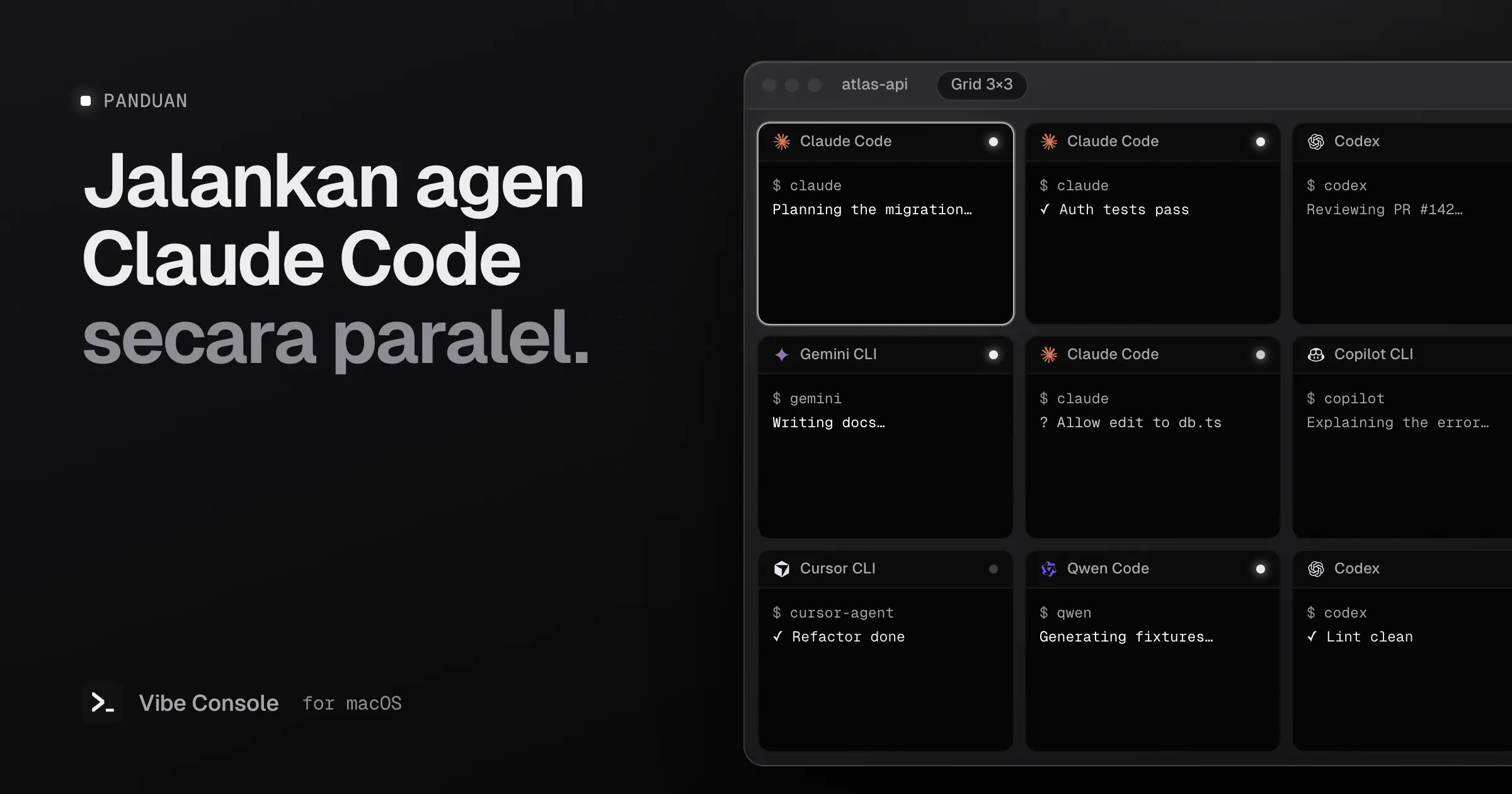 Grid terminal 3×3 yang menjalankan Claude Code, Codex, Gemini CLI, Copilot CLI, Cursor CLI, dan Qwen Code berdampingan