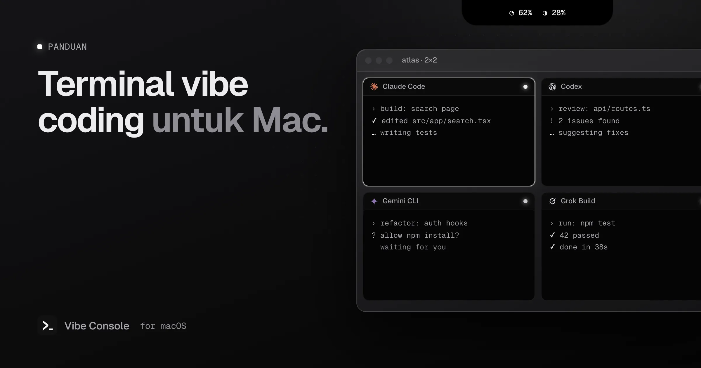 Grid terminal Mac yang menjalankan Claude Code, Codex, Gemini CLI, dan Grok Build berdampingan, dengan cincin penggunaan di notch