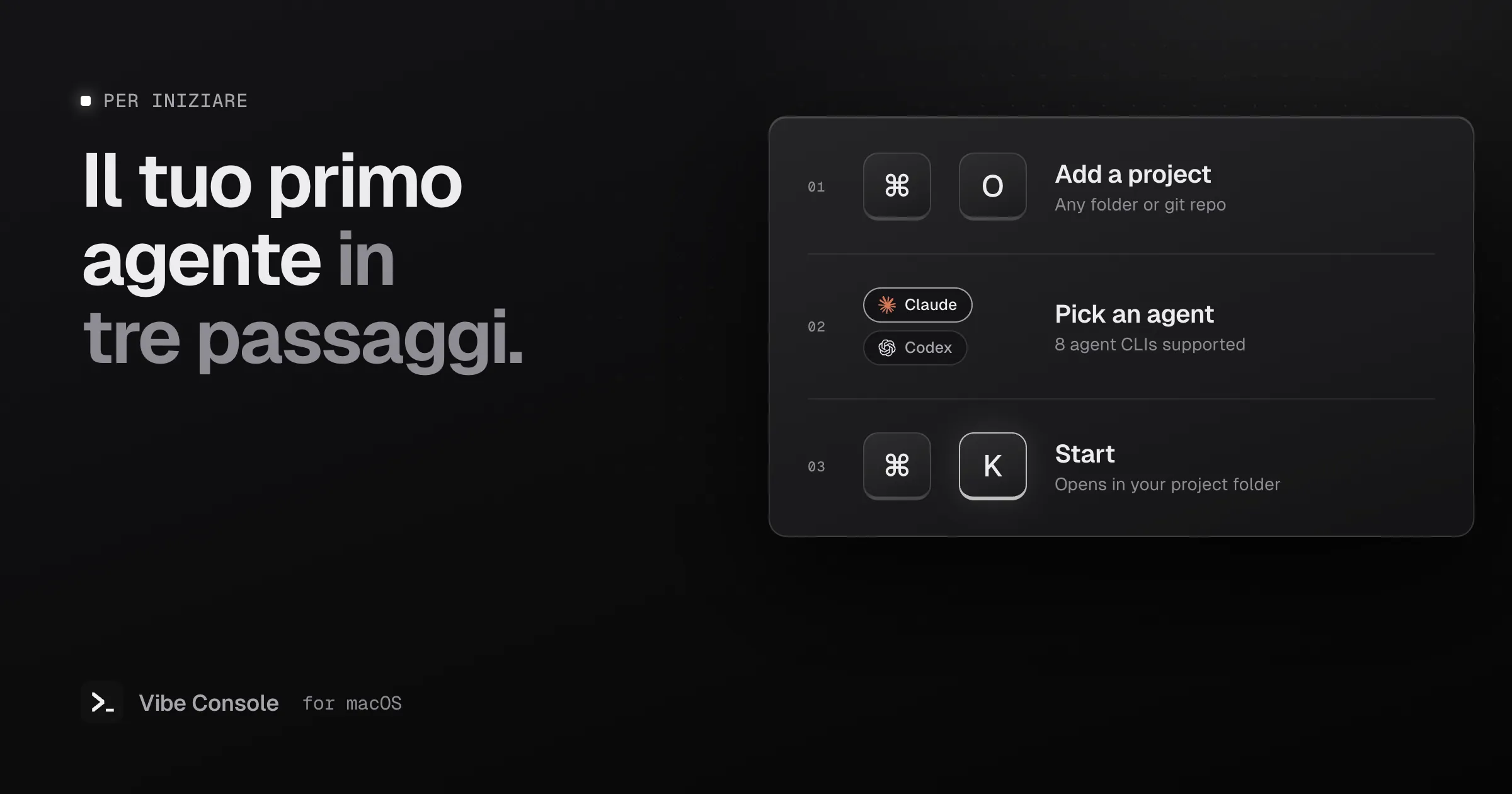 Tre passaggi per iniziare: premi Comando-O per aggiungere un progetto, scegli un agente come Claude o Codex, premi Comando-K per avviarlo