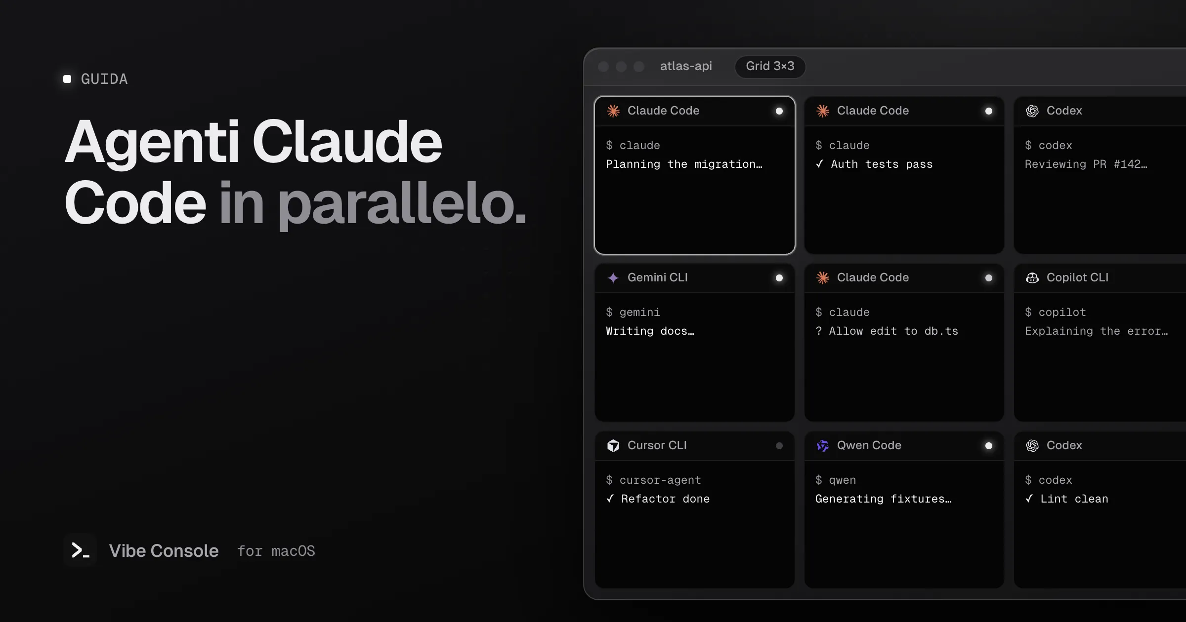Una griglia di terminali 3×3 con Claude Code, Codex, Gemini CLI, Copilot CLI, Cursor CLI e Qwen Code fianco a fianco