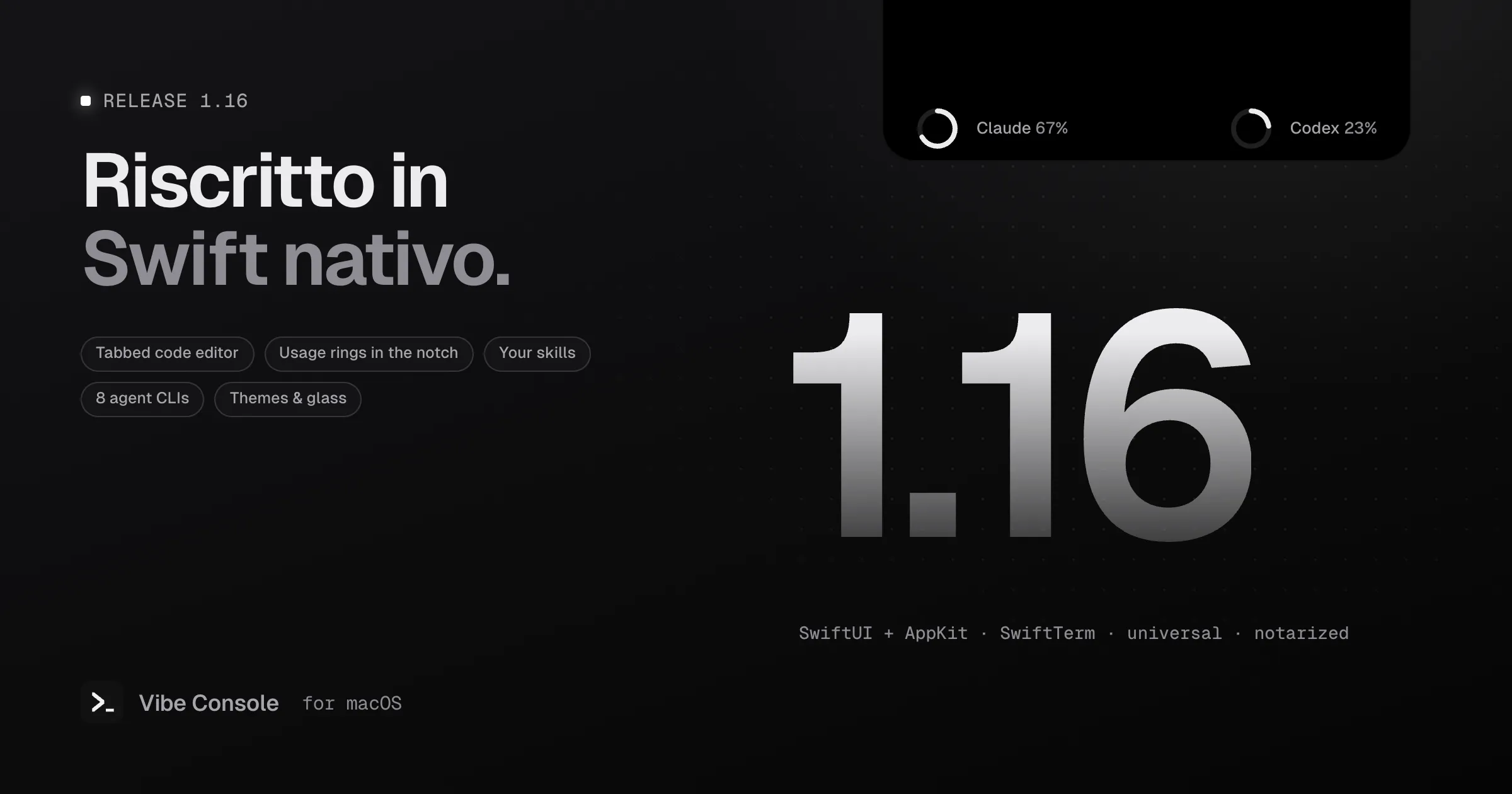 Copertina della release Vibe Console 1.16 con gli anelli di utilizzo di Claude e Codex nella tacca del MacBook