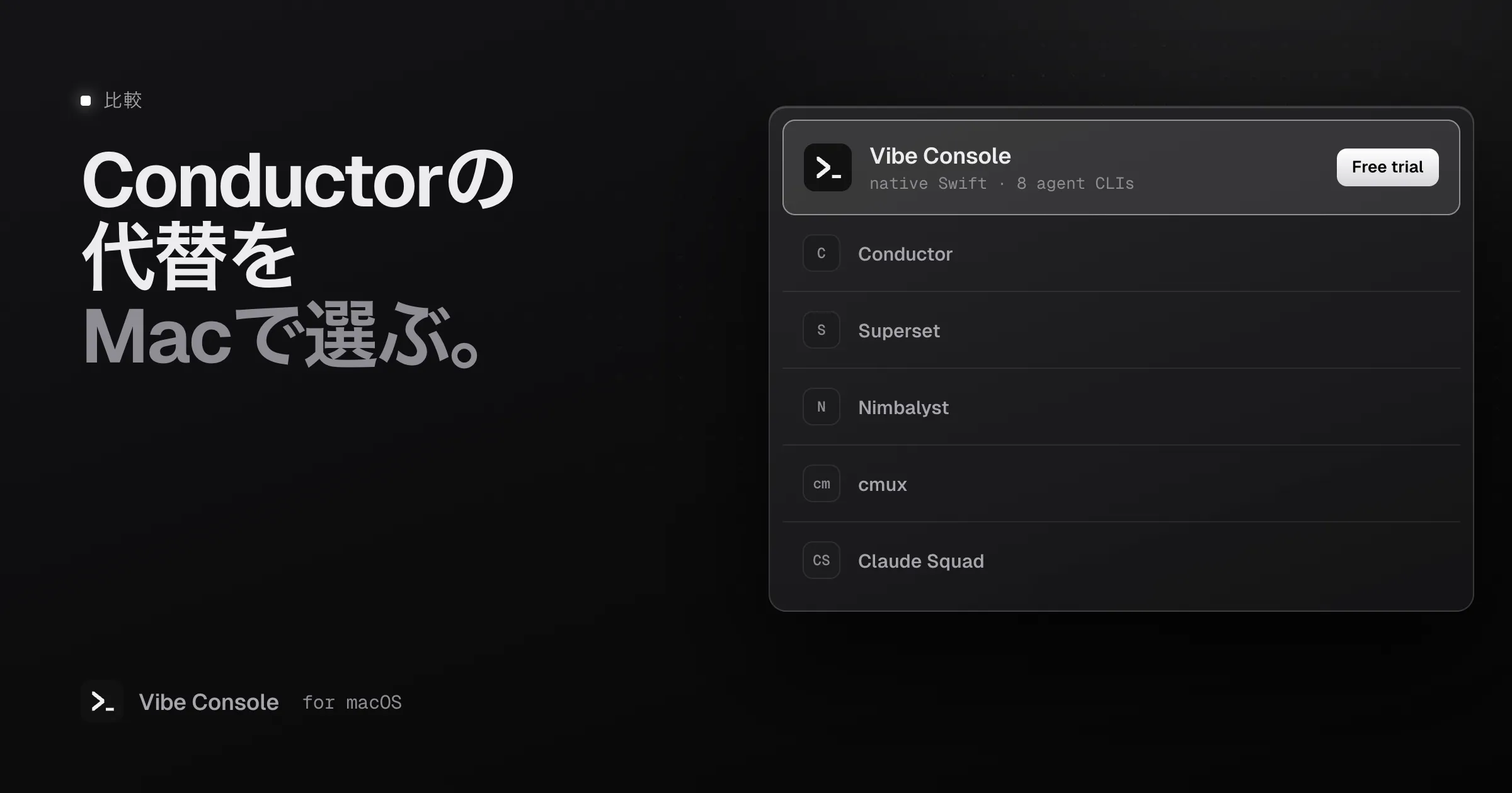 Mac向けConductor代替ツールの一覧。無料トライアルのバッジ付きでVibe Consoleが強調され、Conductor、Superset、Nimbalyst、cmux、Claude Squadが続く