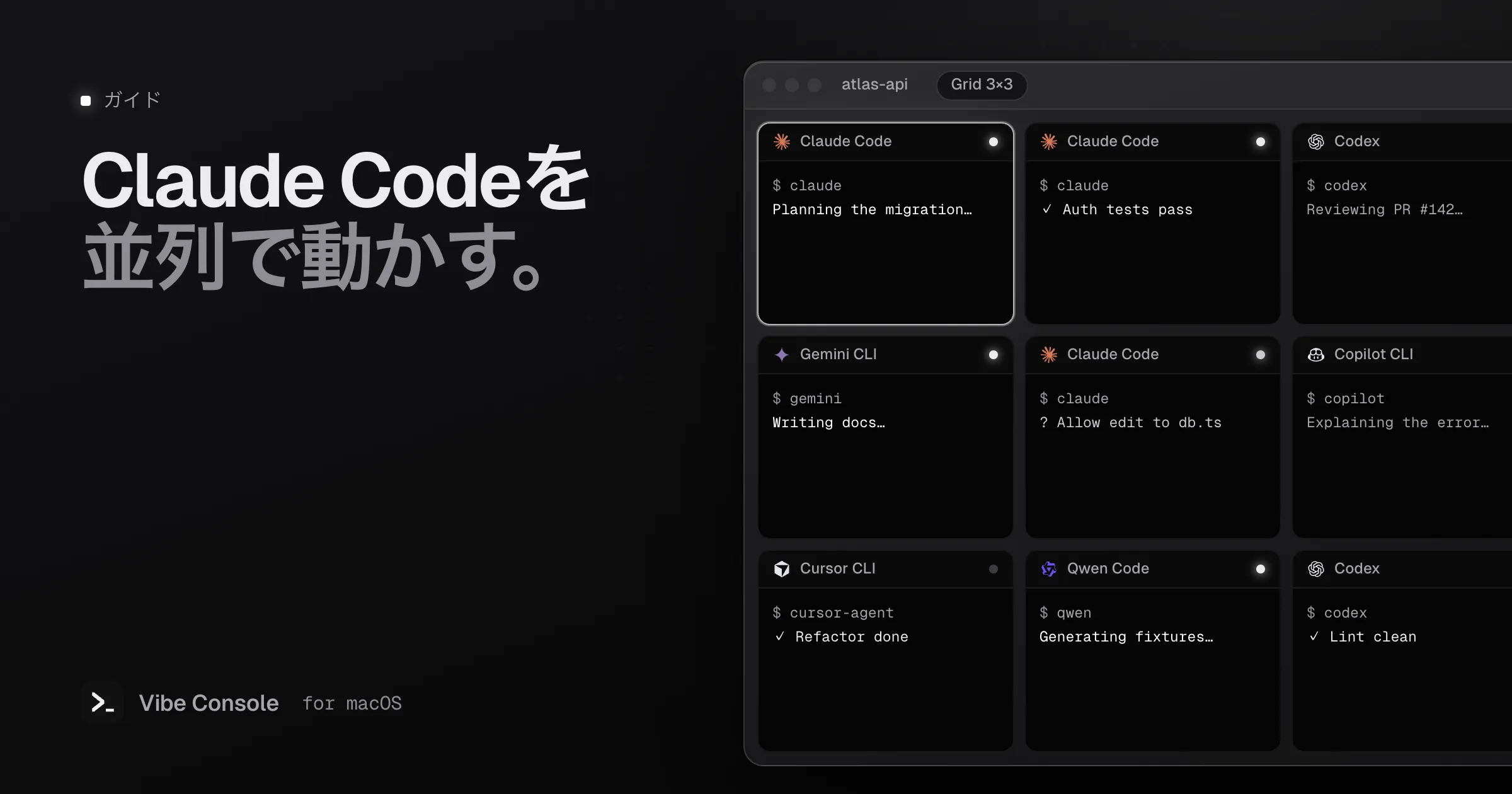 Claude Code、Codex、Gemini CLI、Copilot CLI、Cursor CLI、Qwen Codeを並べて動かしている3×3のターミナルグリッド