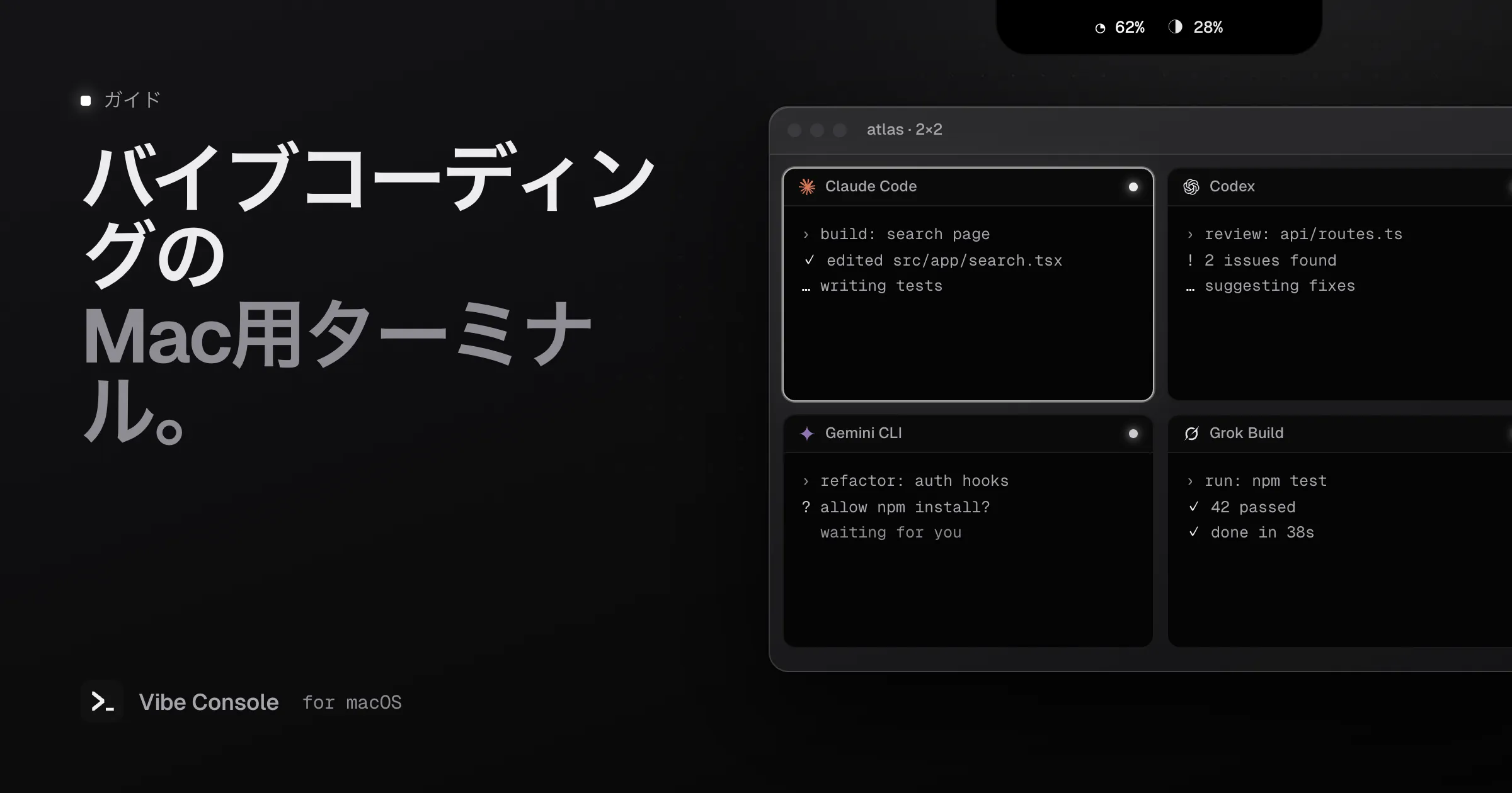 Claude Code、Codex、Gemini CLI、Grok Buildを並べて動かすMacのターミナルグリッドと、ノッチの使用量リング