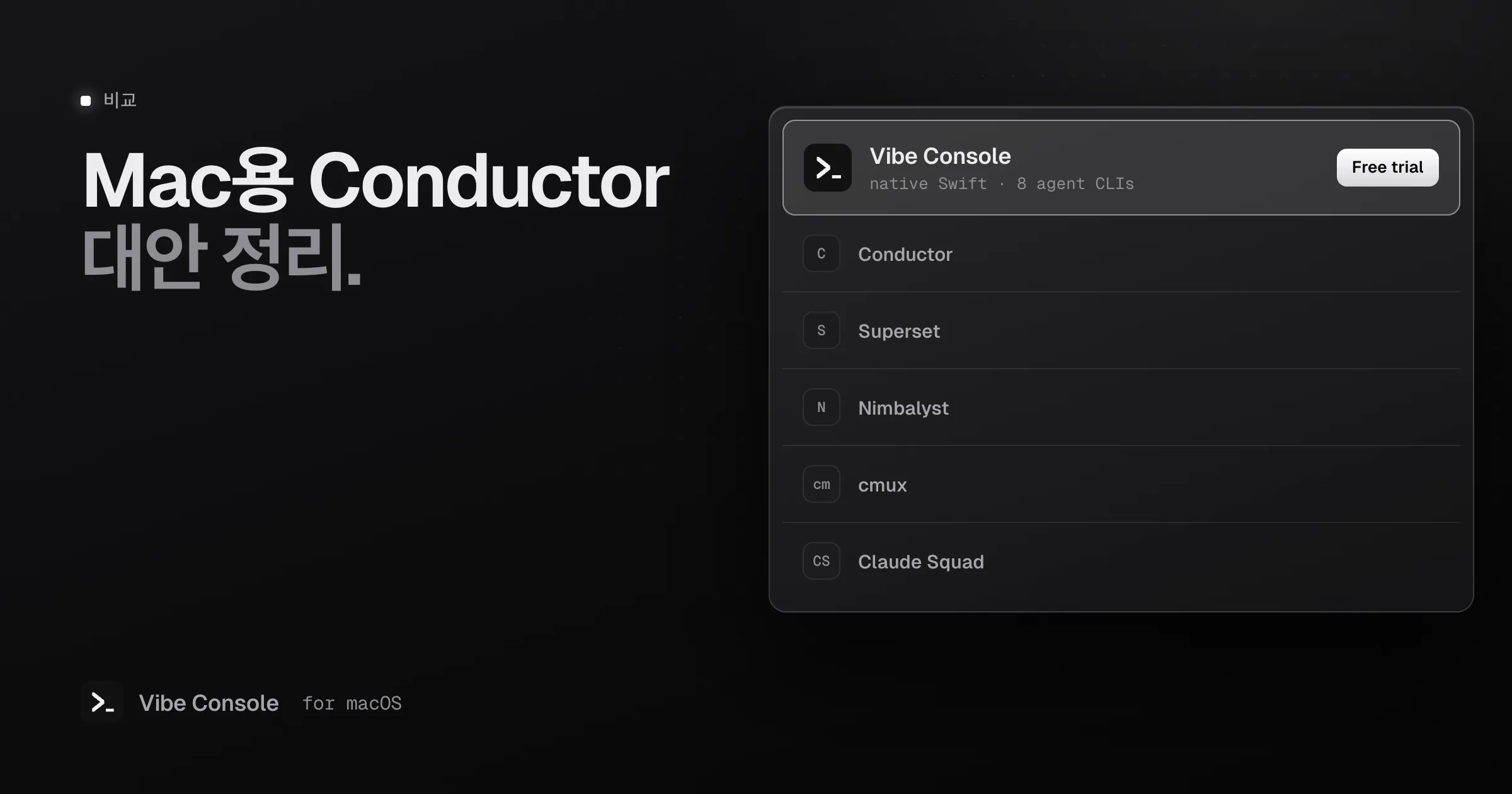 무료 체험 배지가 붙어 강조된 Vibe Console과 그 아래 Conductor, Superset, Nimbalyst, cmux, Claude Squad가 나열된 Mac용 Conductor 대안 목록
