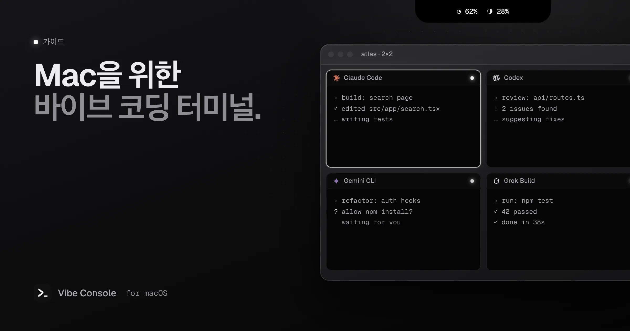 Claude Code, Codex, Gemini CLI, Grok Build가 나란히 돌아가는 Mac 터미널 격자와 노치의 사용량 링