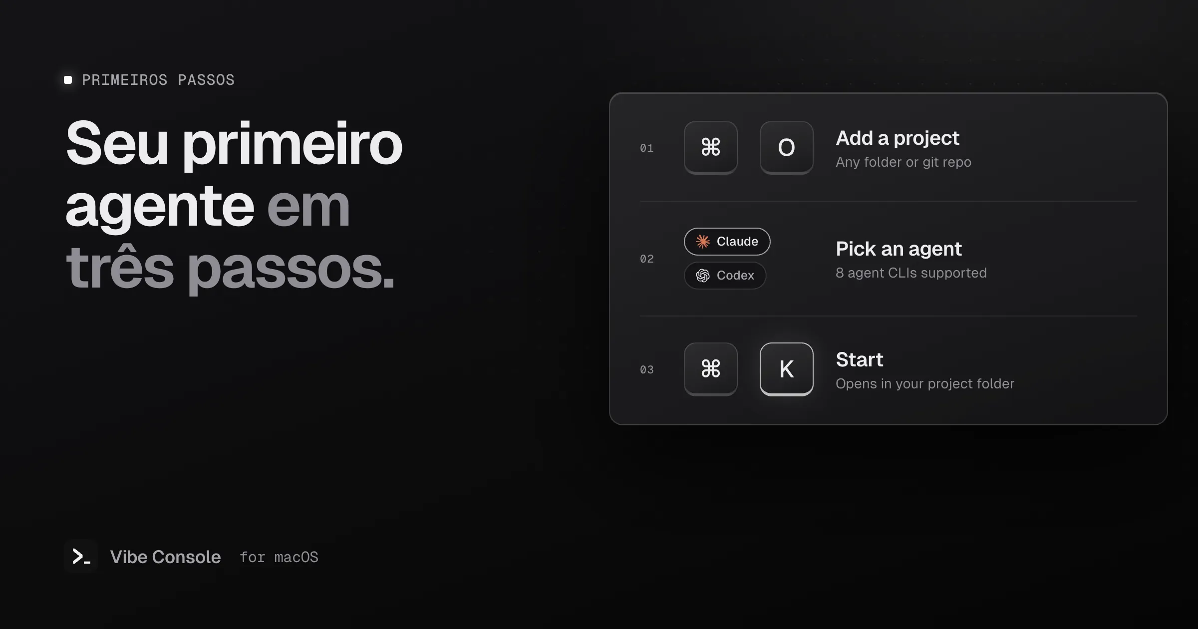 Três passos para começar: aperte Command-O para adicionar um projeto, escolha um agente como Claude ou Codex e aperte Command-K para iniciar