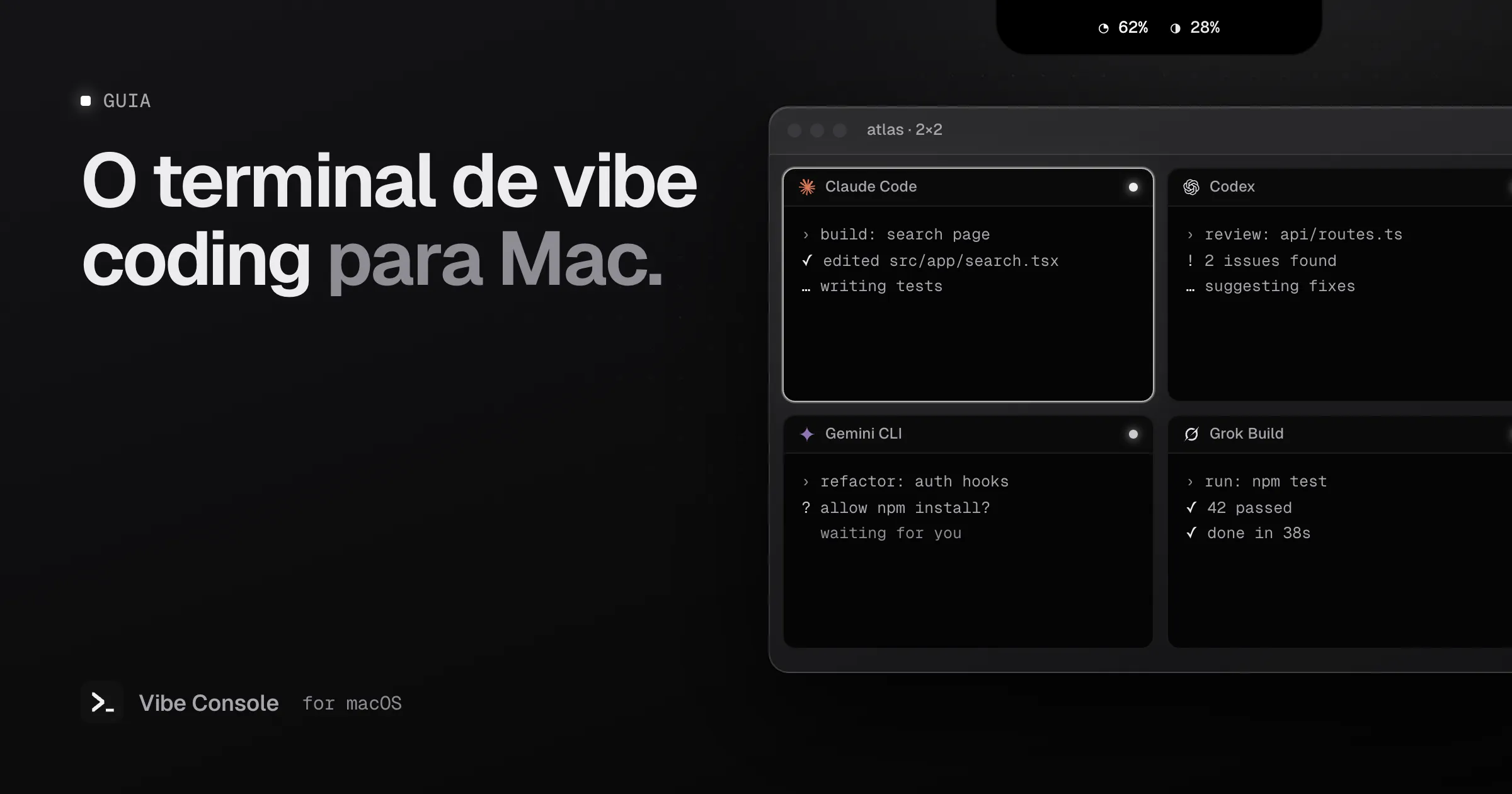 Uma grade de terminais no Mac rodando Claude Code, Codex, Gemini CLI e Grok Build lado a lado, com anéis de uso no notch