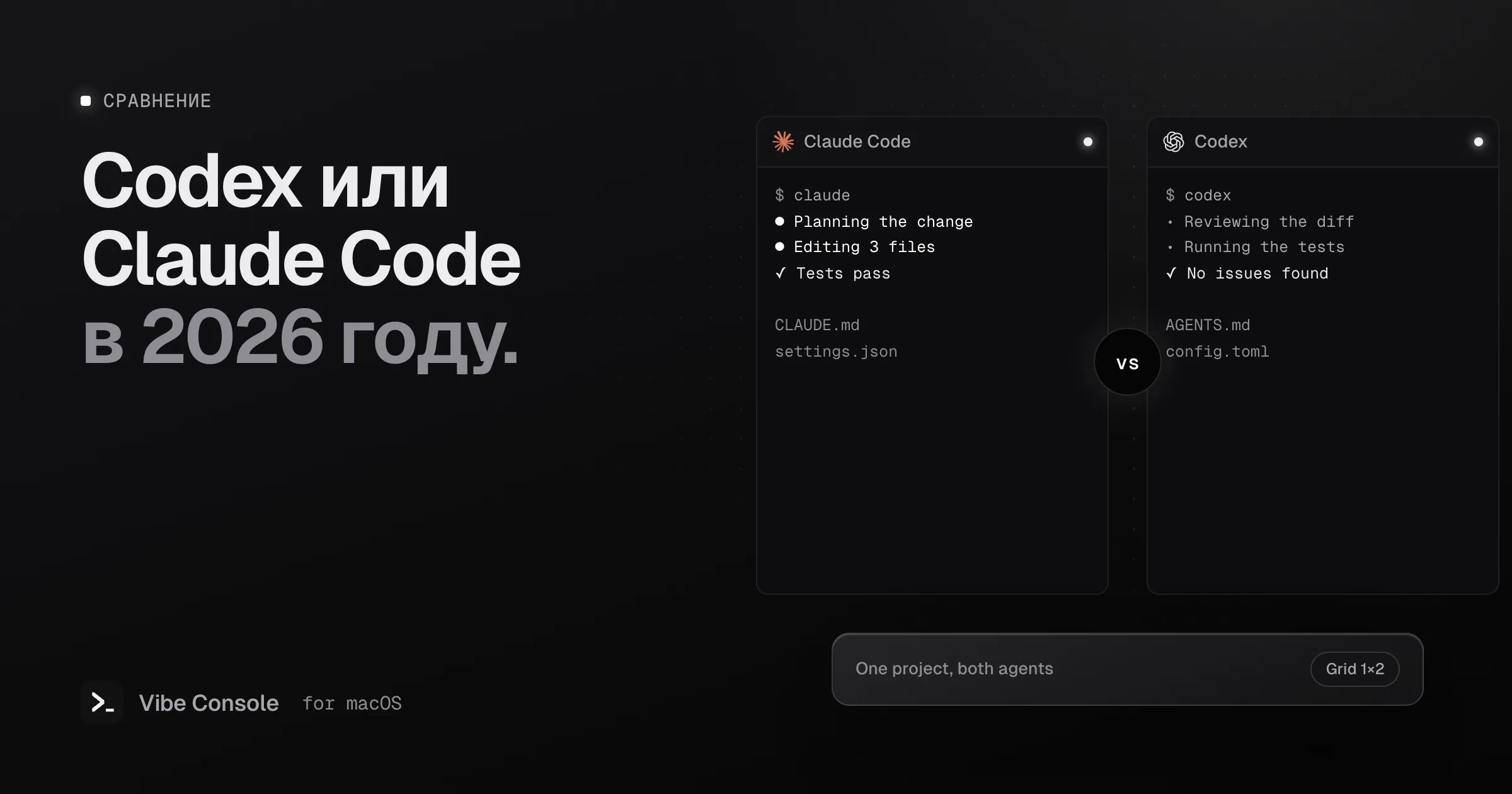 Терминалы Claude Code и Codex рядом со значком vs: один использует CLAUDE.md и settings.json, другой — AGENTS.md и config.toml