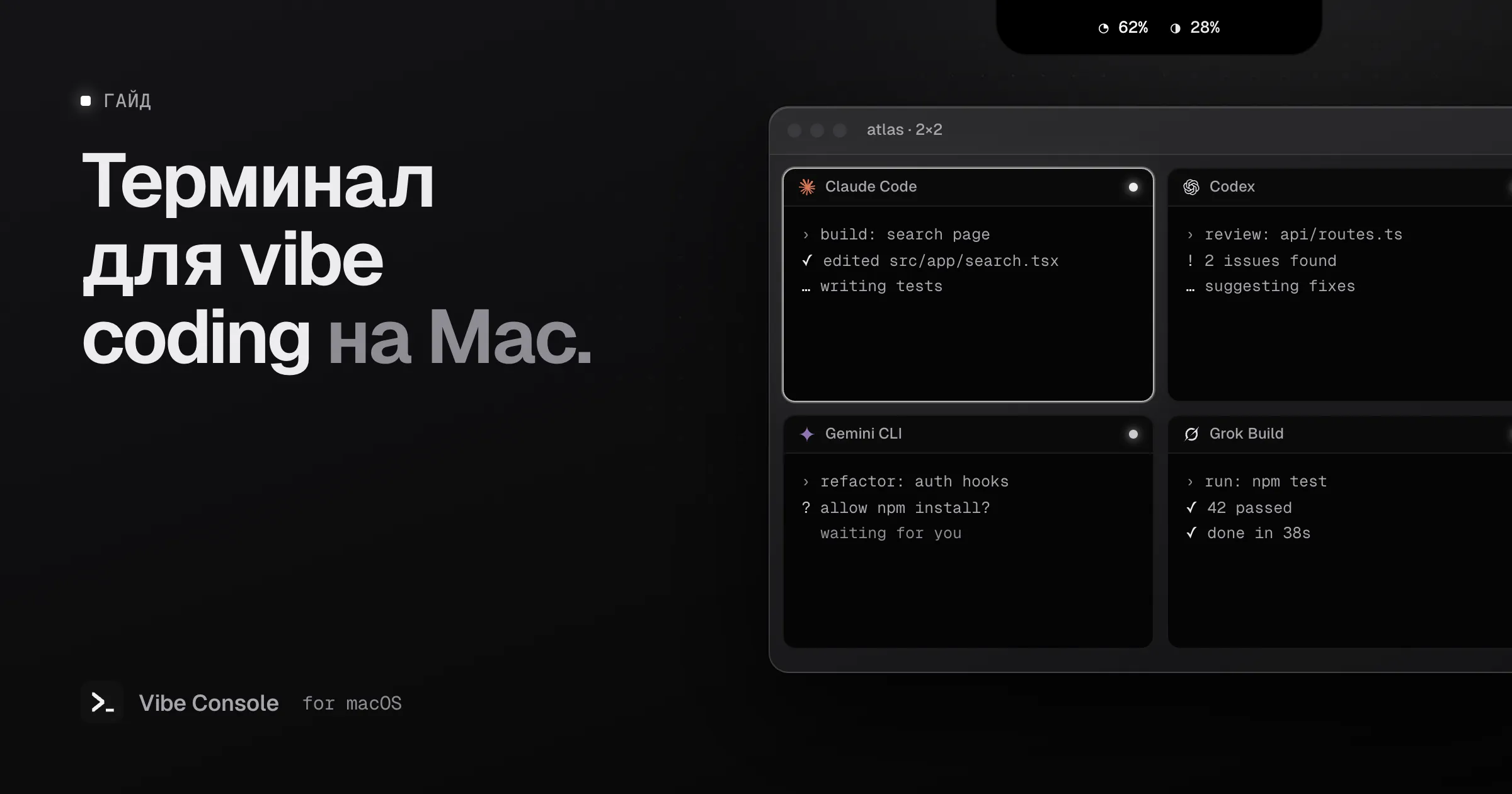 Сетка терминалов на Mac, в которой рядом работают Claude Code, Codex, Gemini CLI и Grok Build, а в вырезе — кольца лимитов