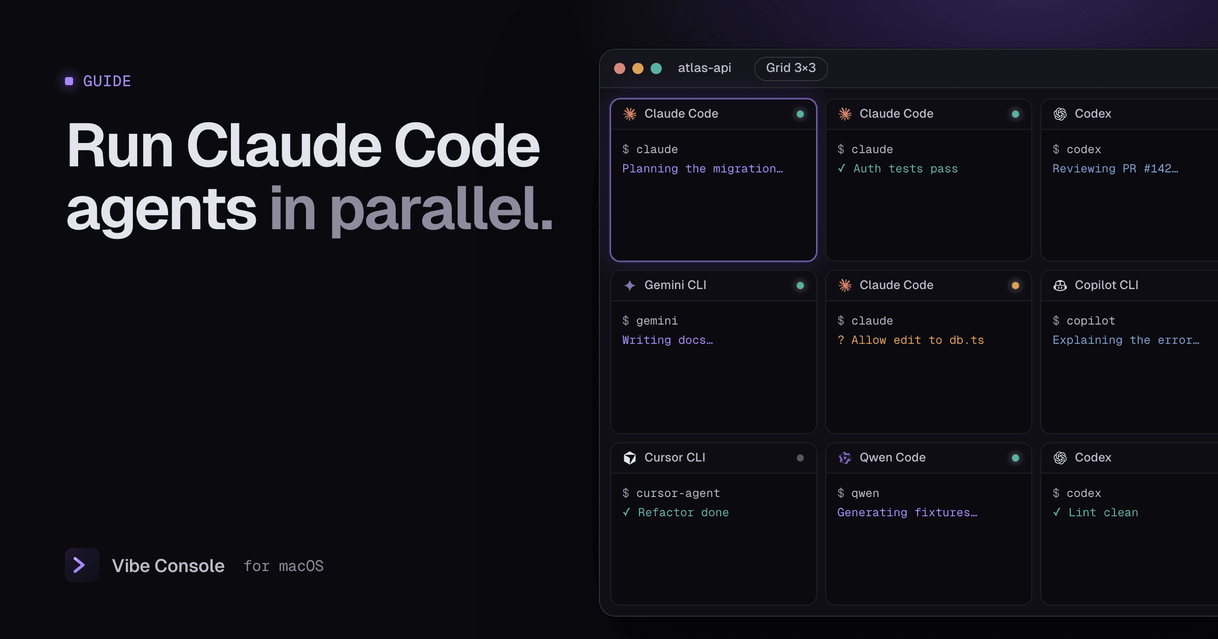 A 3×3 terminal grid running Claude Code, Codex, Gemini CLI, Copilot CLI, Cursor CLI and Qwen Code side by side