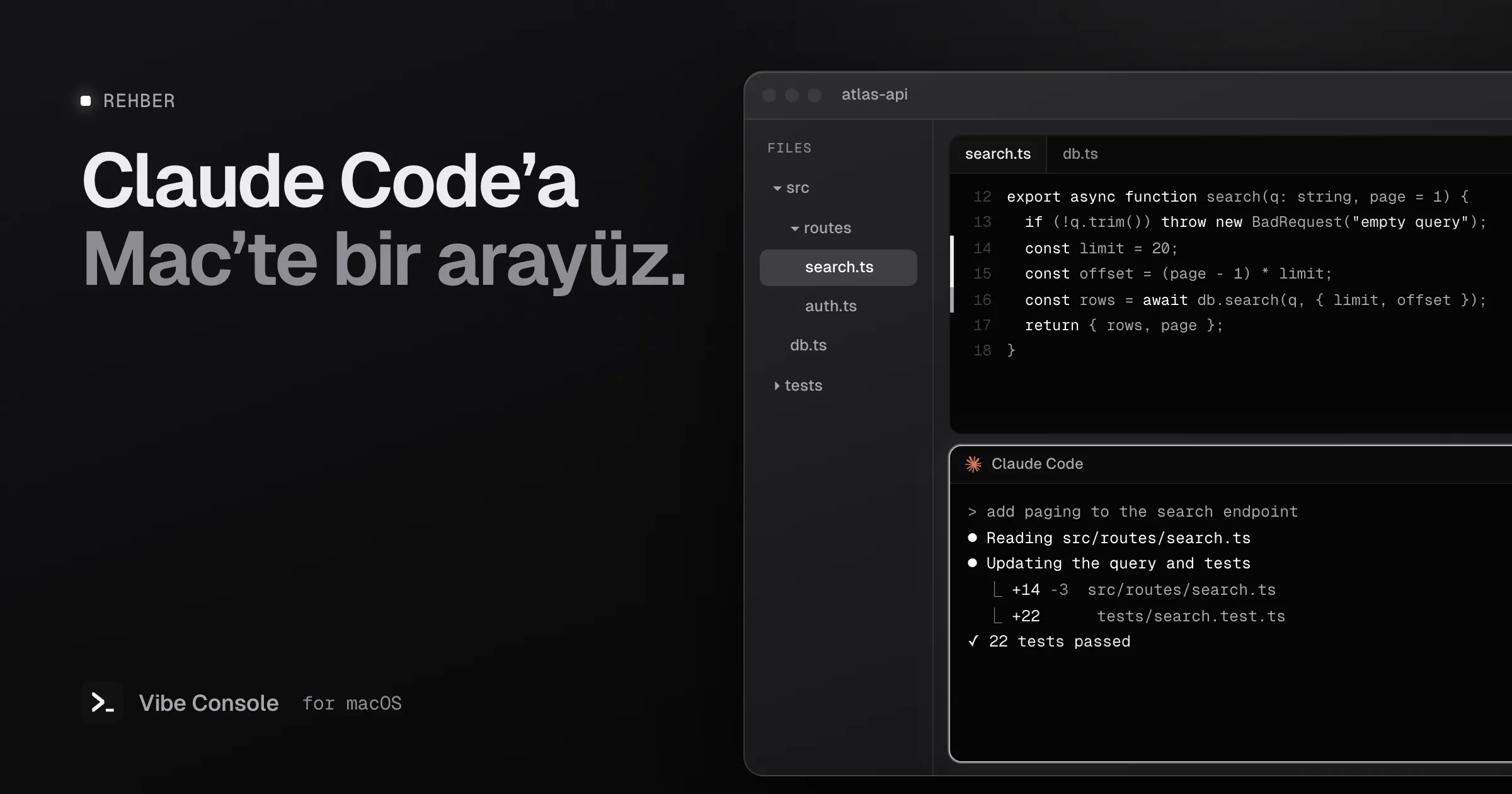 Dosya ağacı, git gutter gösteren kod düzenleyici ve bir arama endpoint’ine sayfalama ekleyen Claude Code terminaliyle Vibe Console penceresi
