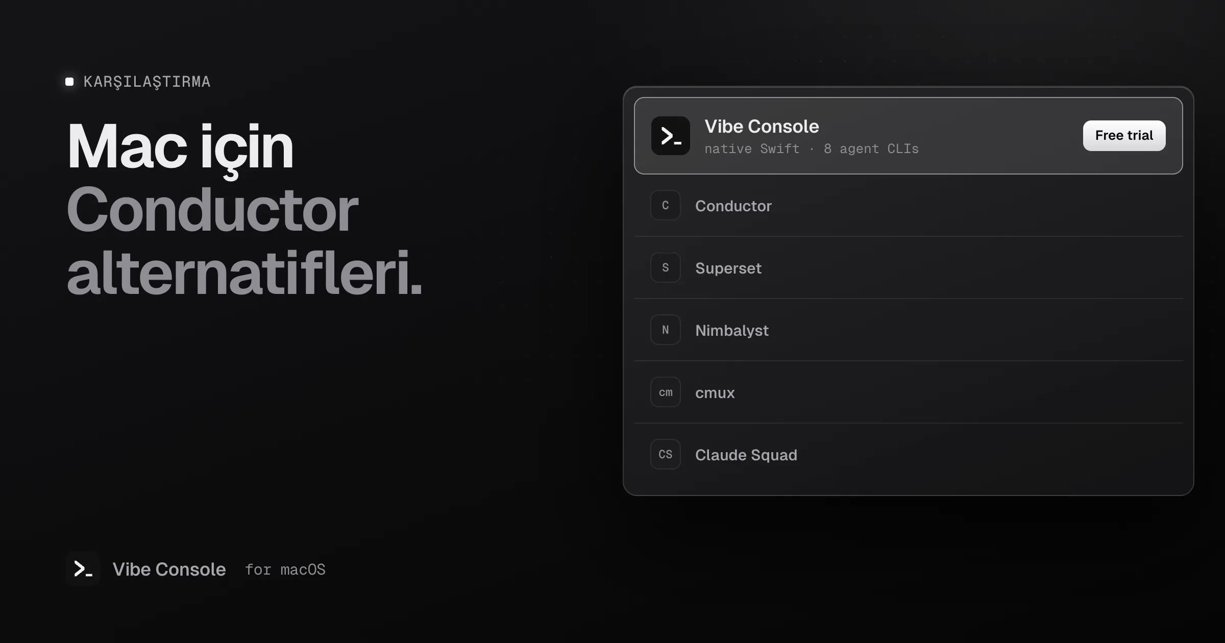 Mac için Conductor alternatifleri listesi: ücretsiz deneme rozetiyle öne çıkan Vibe Console, ardından Conductor, Superset, Nimbalyst, cmux ve Claude Squad
