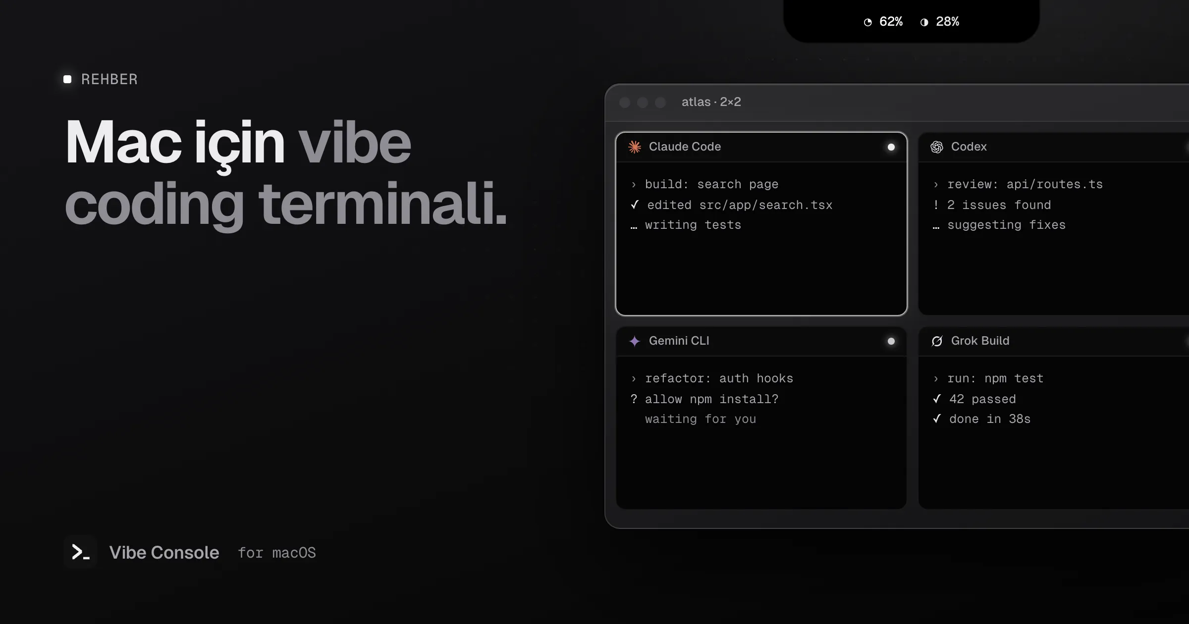 Mac’te Claude Code, Codex, Gemini CLI ve Grok Build’i yan yana çalıştıran terminal ızgarası, notch’ta kullanım halkaları
