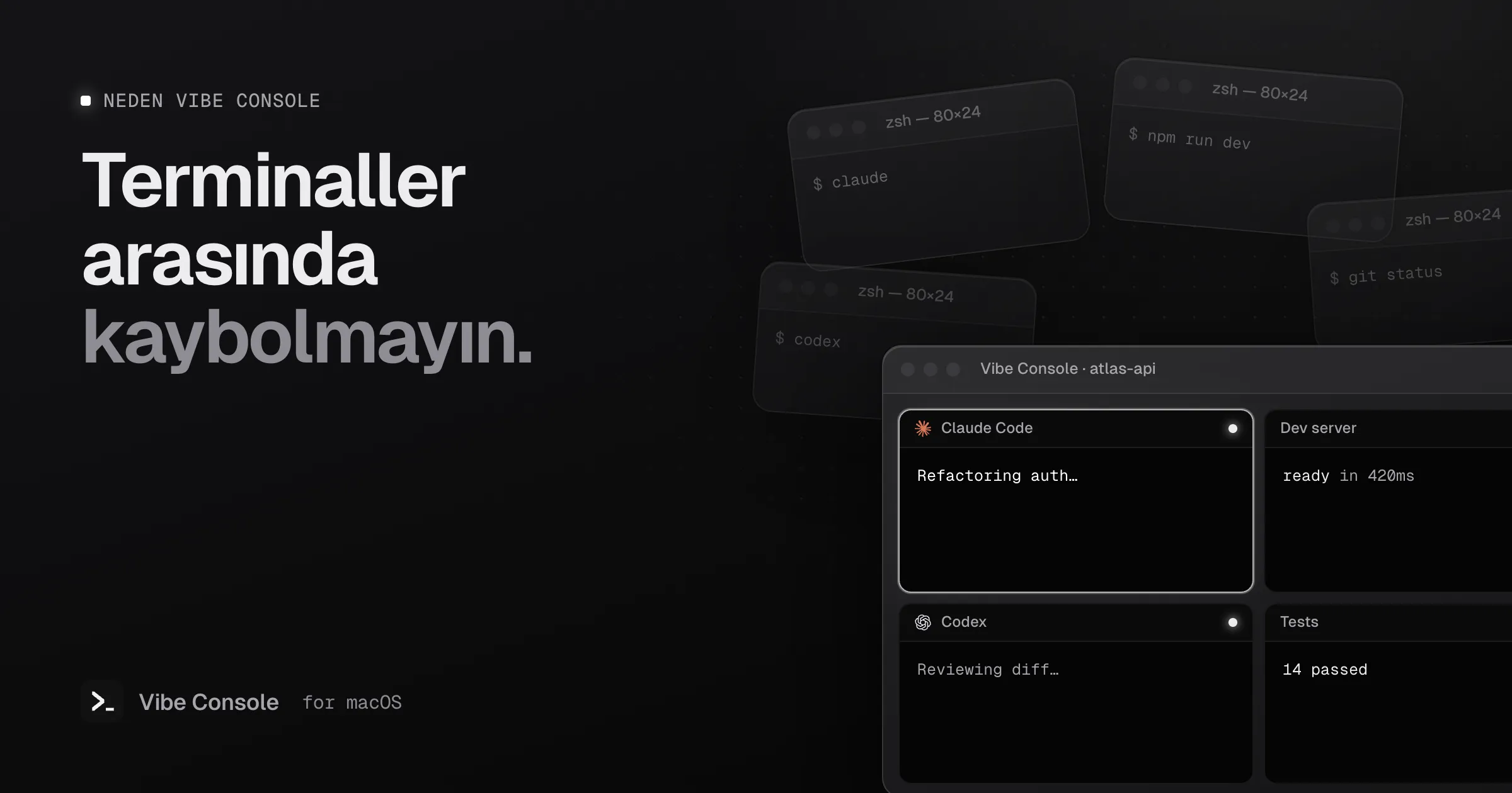 Dağınık terminal pencereleri, 2×2 terminal ızgarasına sahip tek bir Vibe Console penceresinde toplanıyor