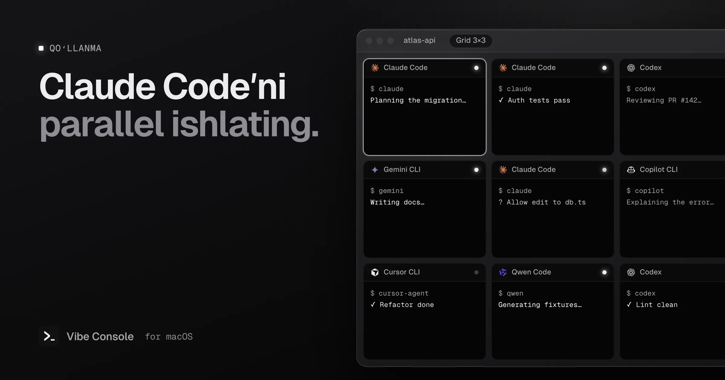Claude Code, Codex, Gemini CLI, Copilot CLI, Cursor CLI va Qwen Code yonma-yon ishlayotgan 3×3 terminal toʻri