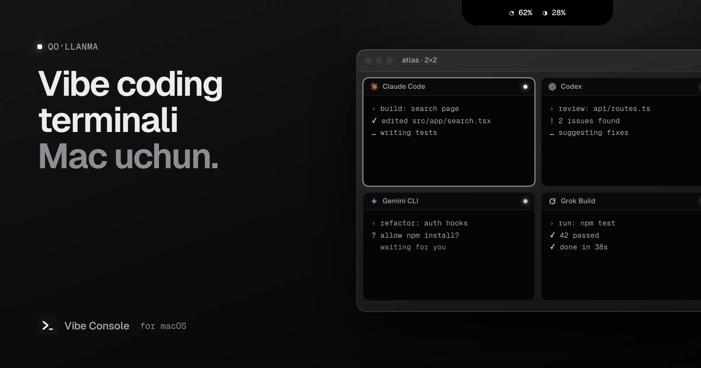 Claude Code, Codex, Gemini CLI va Grok Build yonma-yon ishlayotgan Mac terminal toʻri, notchʼda foydalanish halqalari