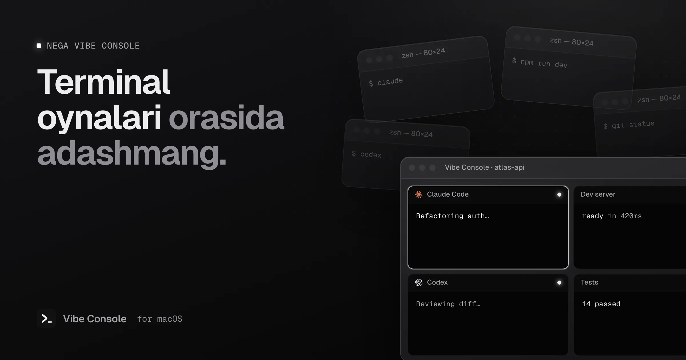 Tarqoq terminal oynalari 2×2 terminal toʻrli bitta Vibe Console oynasiga yigʻilmoqda