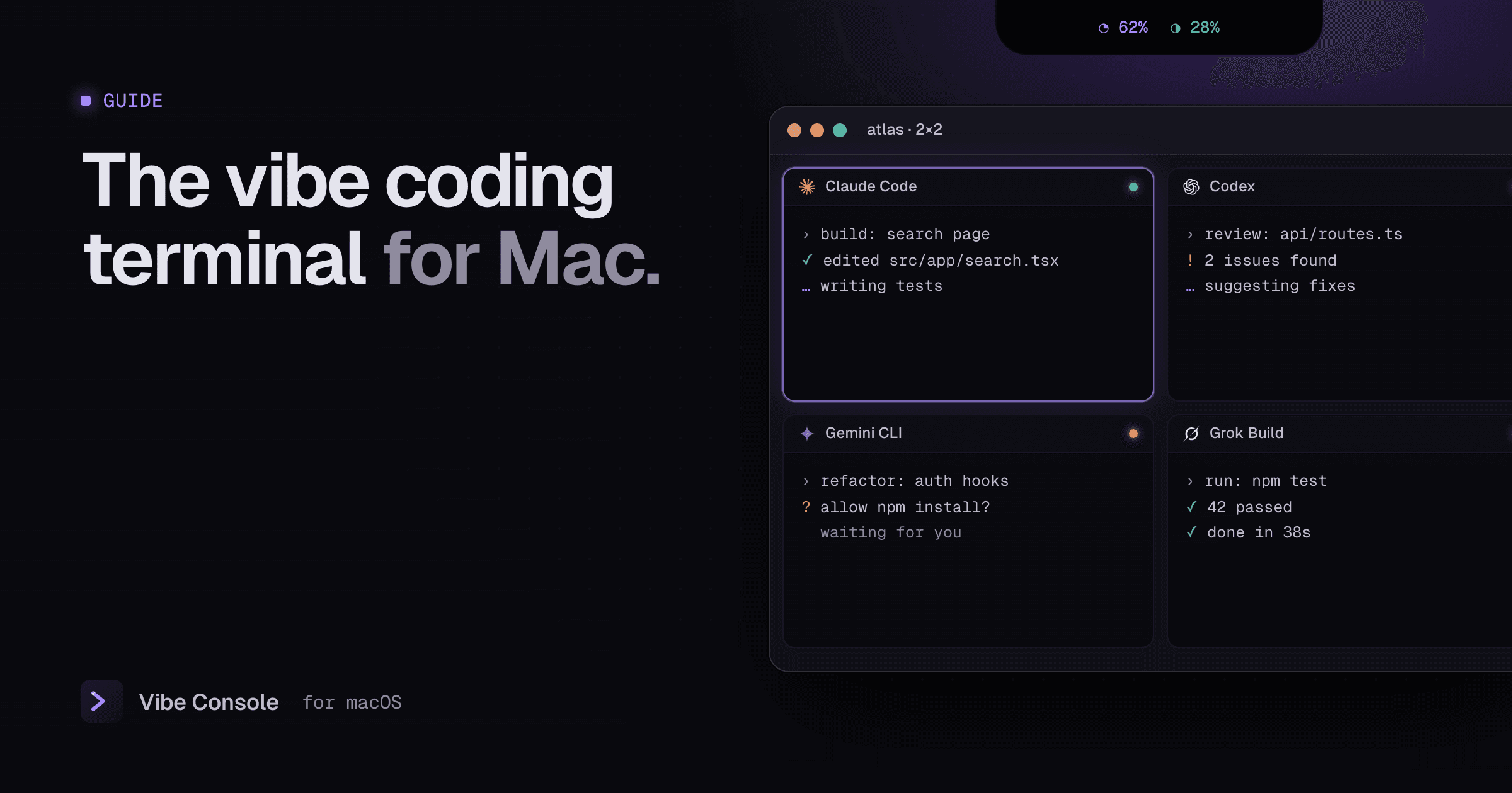 A Mac terminal grid running Claude Code, Codex, Gemini CLI and Grok Build side by side, with usage rings in the notch