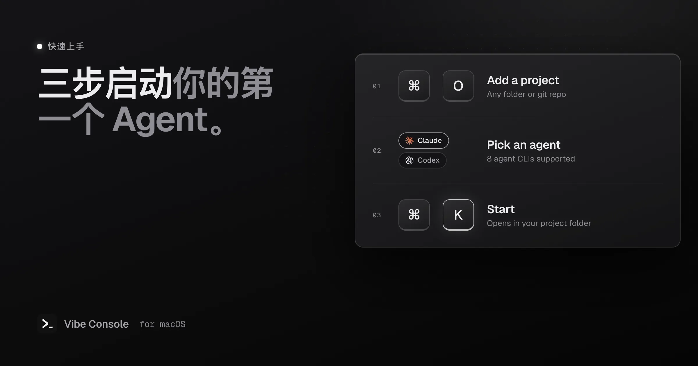 三步上手:按 Command-O 添加项目,选择 Claude 或 Codex 等 Agent,按 Command-K 启动