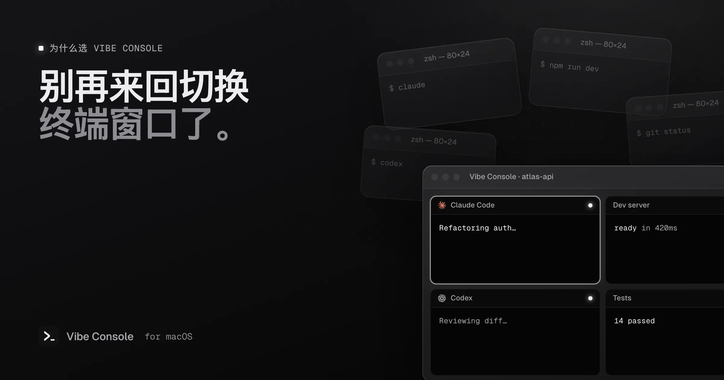 散乱的终端窗口收拢成一个 Vibe Console 窗口,里面是 2×2 终端网格