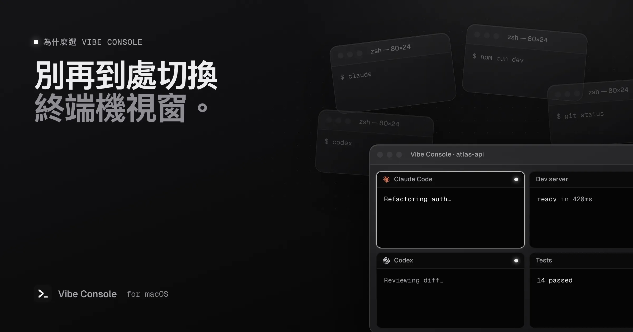四散的終端機視窗收攏成一個 Vibe Console 視窗,裡面是 2×2 終端機格狀排列